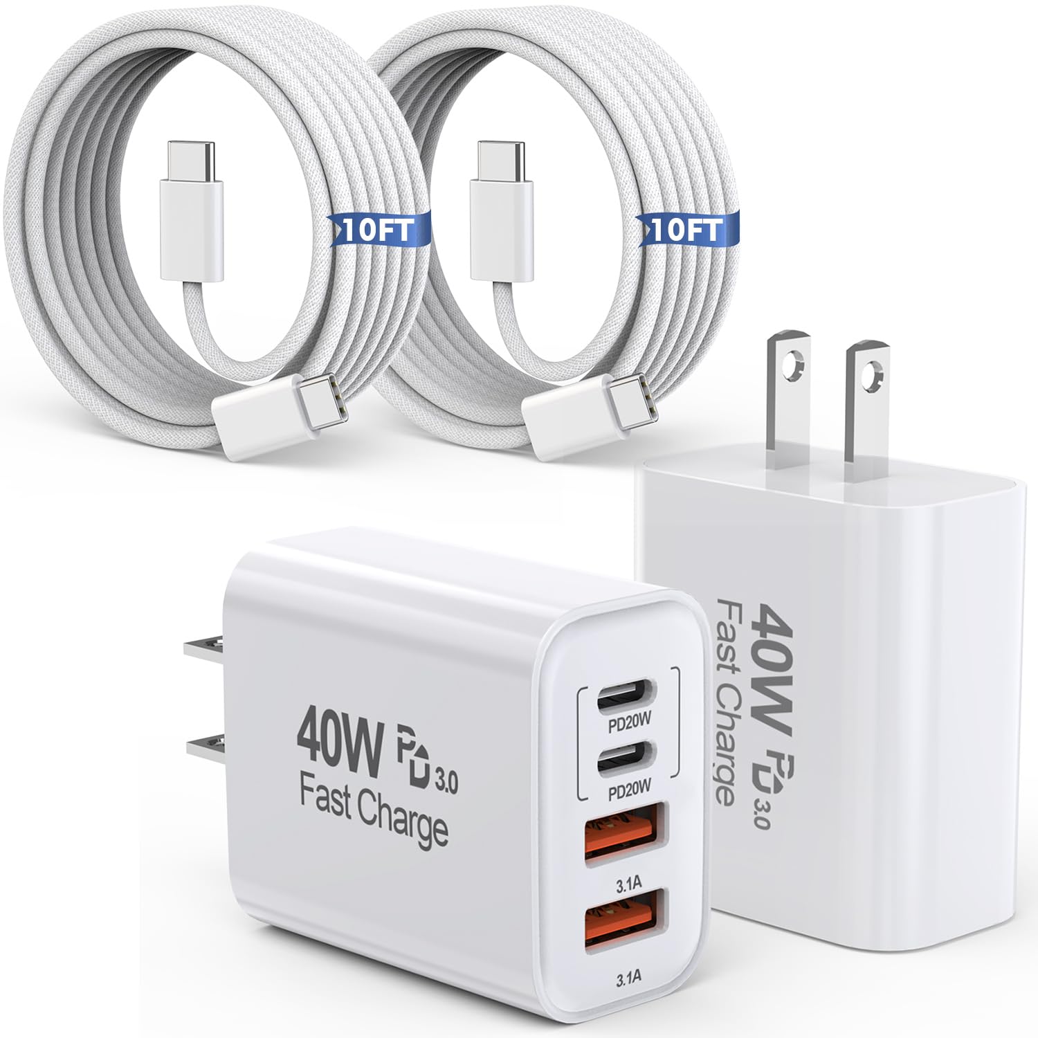 10FT iPhone 16 15 Pro Charger,2Pack 10Foot USB C to C Woven Cable Cord 40W USB C Apple Charger 4 Port PD&AC Charger Block Fast Charging for iPhone 16/16 Pro/16 Pro Max/16 Plus/15/15 Pro/15Pro Max/iPad