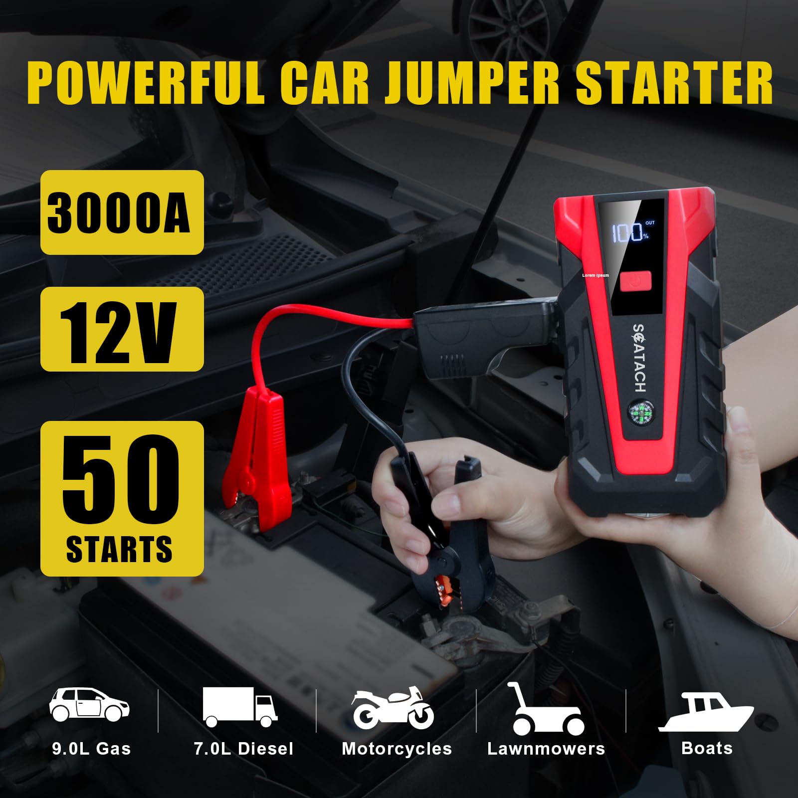 Scatach 011 3000A Car Battery Jump Starter,12V Jump Starter Battery Pack (up to 9.0L Gasoline and 7.0L Diesel Engine), Portable Jump Box with 3 Modes Flashlight and Jumper Cable