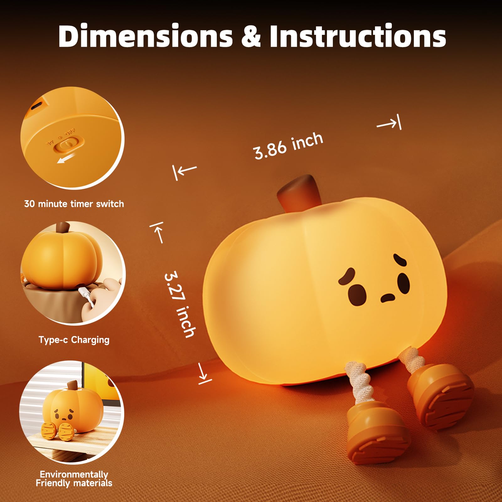 Lilampts Pumpkin Night Light, Cute Pumpkin Decor Silicone Night Lamp with 3 Level Dimmable Bedside Lamp Halloween Night Light Nursery Nightlight Dorm Decor，Silicone Touch Light, Breastfeeding for Baby