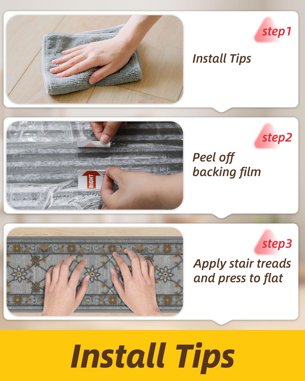 JSEI Stair Treads for Wooden Steps, 15 Pack 8" X 30" Non-Slip Machine Washable Carpet Stair Treads with TPE Backing, Soft Indoor Stair Rug Runner for Kids Elders & Pets, 100% Polyester, Grey/Orange