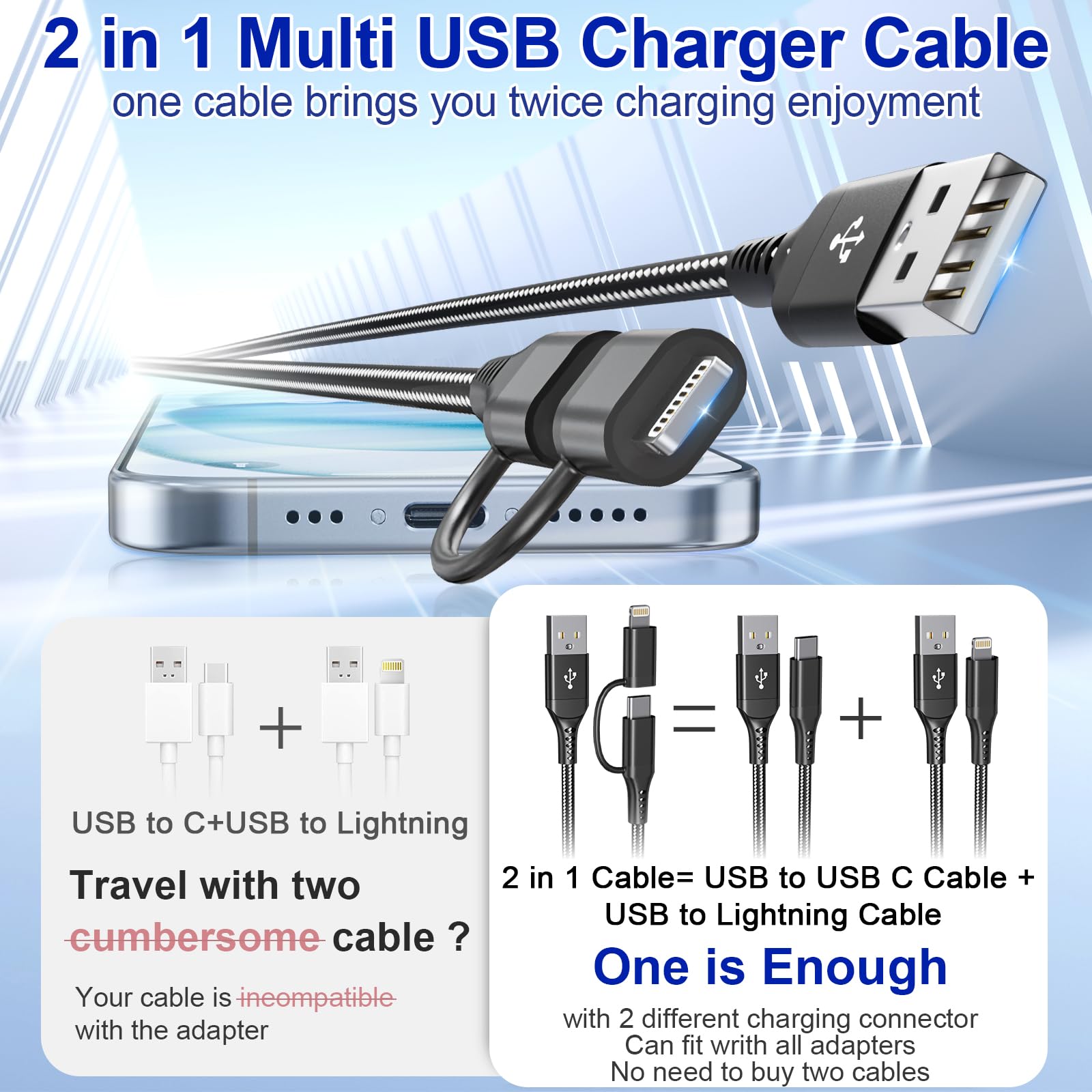 USB to USB-C and Lightning Cable Combo 6FT, 2 in 1 Nylon Braided iPhone Charger Cable Apple Carplay & Android Auto, [MFi & 3A Fast Charge] Multi iPhone Charging Cable Cord for iPhone 16/15/14/Android