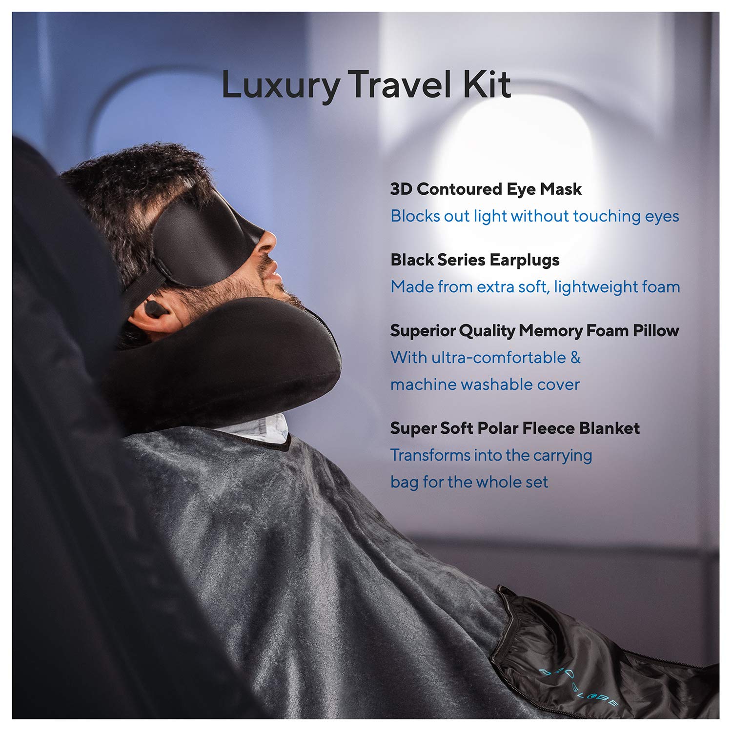 Proglobe Travel Blanket Luxury Travel Set - Ergonomic Airplane Neck Pillow 100% Pure Memory Foam and Super Soft Fleece Blanket - Premium 3D Sleep Mask & Earplugs - Ultimate 4-in-1 Travel Kit Black