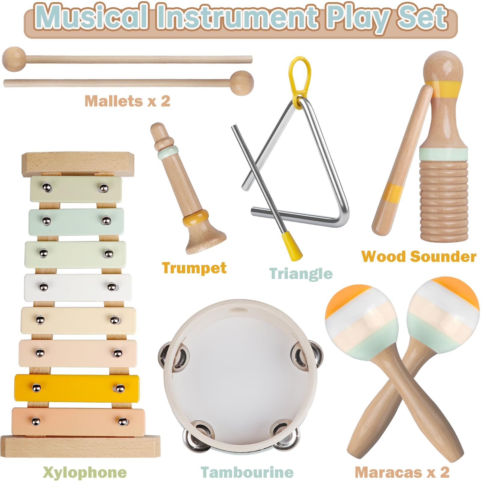 Baby Musical Instruments - Montessori Musical Toys for Toddlers 1-3, Neutral Colors Wooden Percussion Instruments Set, Modern Boho Xylophone Tambourine, Kids Preschool Educational Birthday Gifts