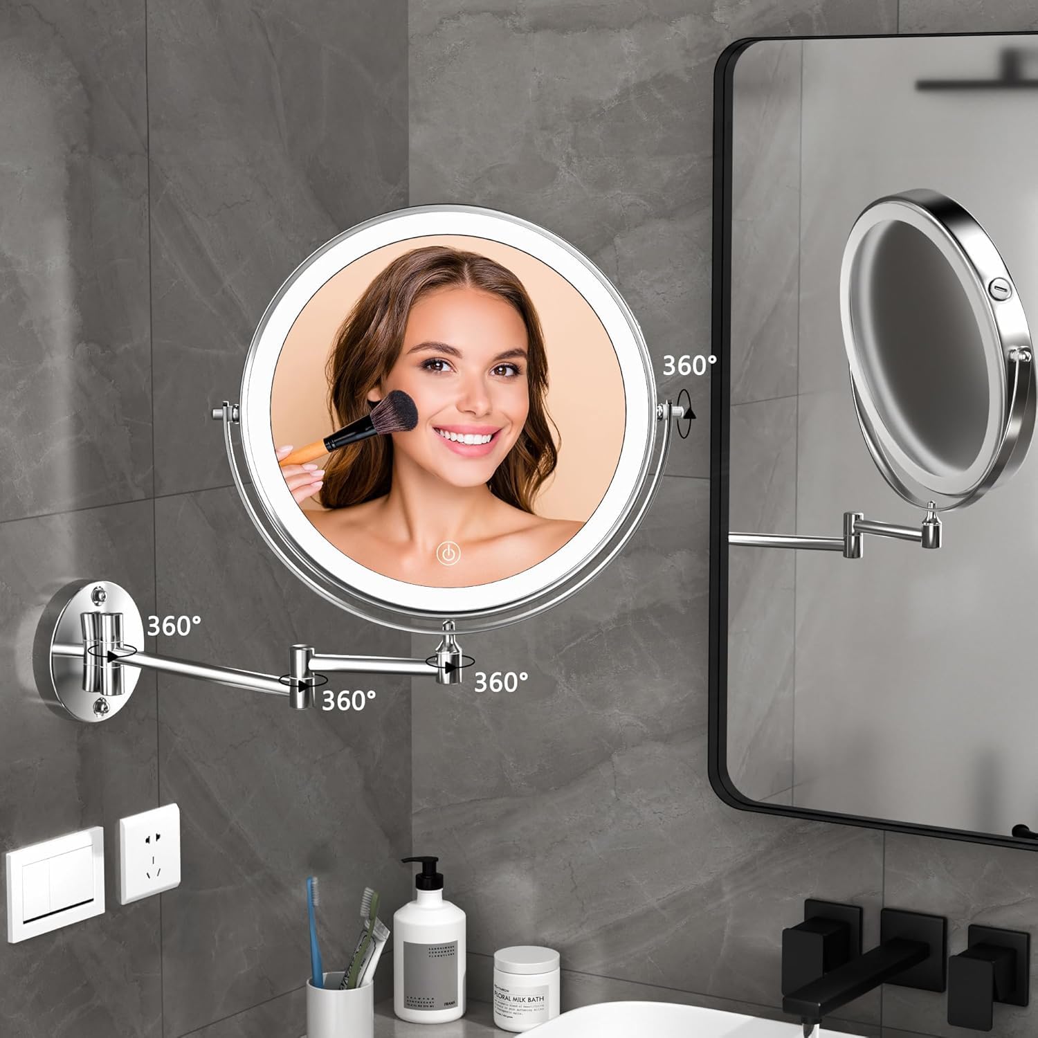 Hasipu 10-Inch Wall Mounted Makeup Mirror with Magnification, Rechargeable 3000 mAh Vanity Mirror with Lights, Bathroom Mirror with Dimmable Brightness, 3 Lighting Modes, Extendable Arm, Chrome