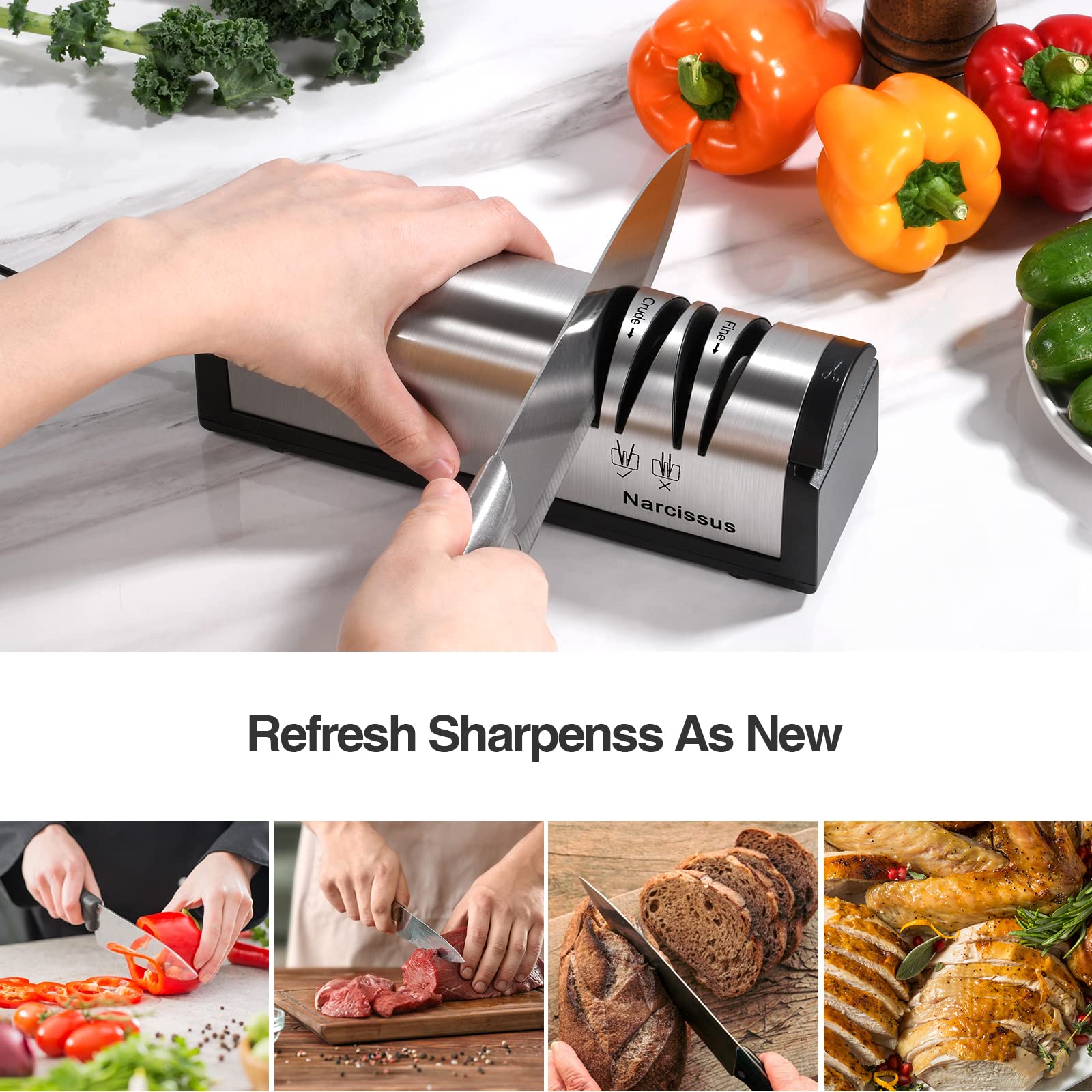 Narcissus Knife Sharpener, Professional 2 Stage Electric Knife Sharpener for Quick Sharpening & Polishing, with Scissors Sharpener and Metal Dust Collection Box, Stainless Steel, Silver