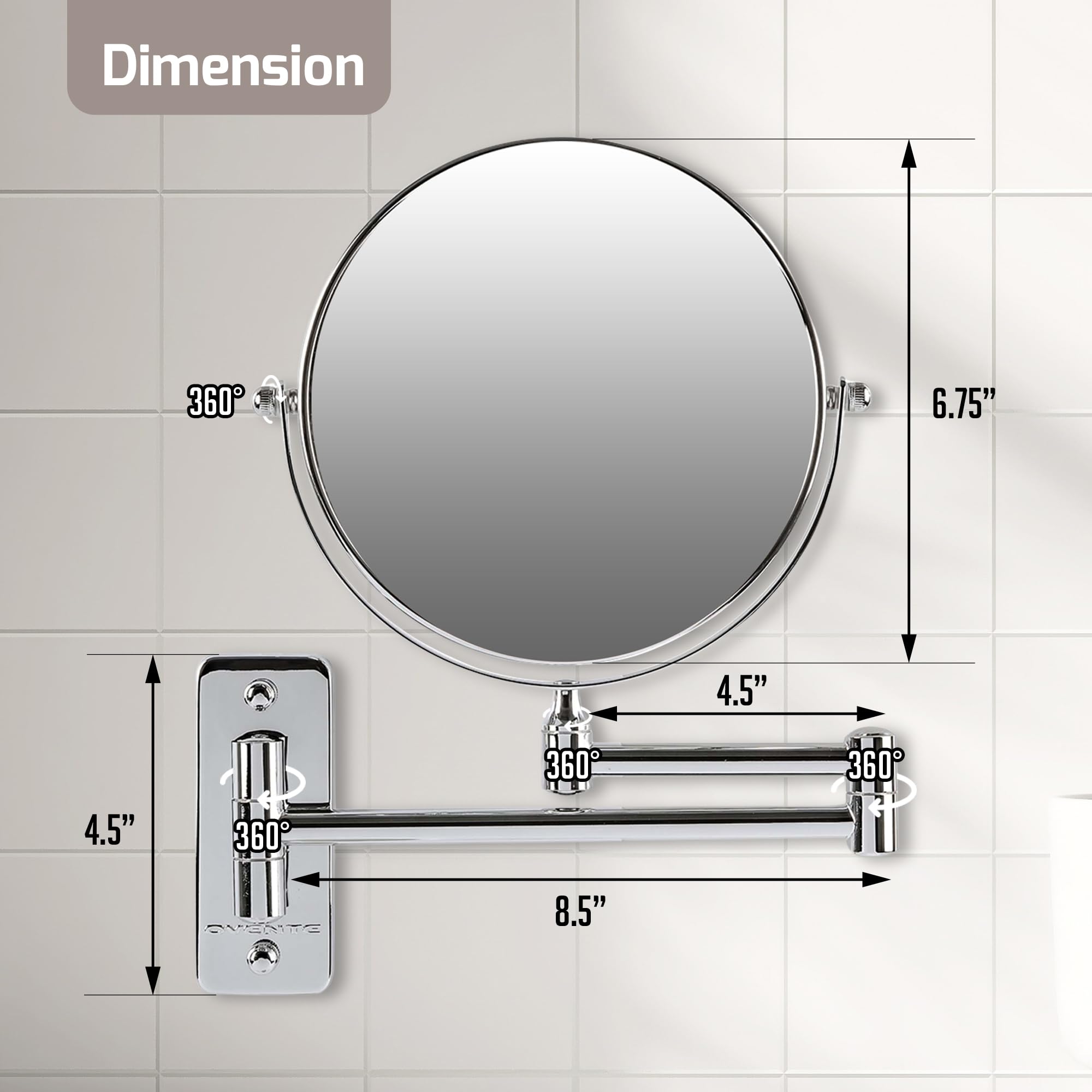 OVENTE 7" Wall Mounted Makeup Mirror with 1X/10X Magnification, Double Sided Magnifying Round Bathroom Vanity Mirror, 360° Swivel Design, Extendable and Folding Arm, Polished Chrome MNLFW70CH1X10X