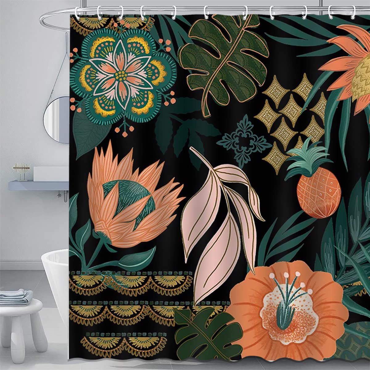 Mocsicka Bohe Floral Shower Curtain Modern Bohemian Plant Leaves Shower Curtain for Bathroom Mid Century Abstract Flowers Shower Curtain Set with 12 Hooks 72x72 Inches