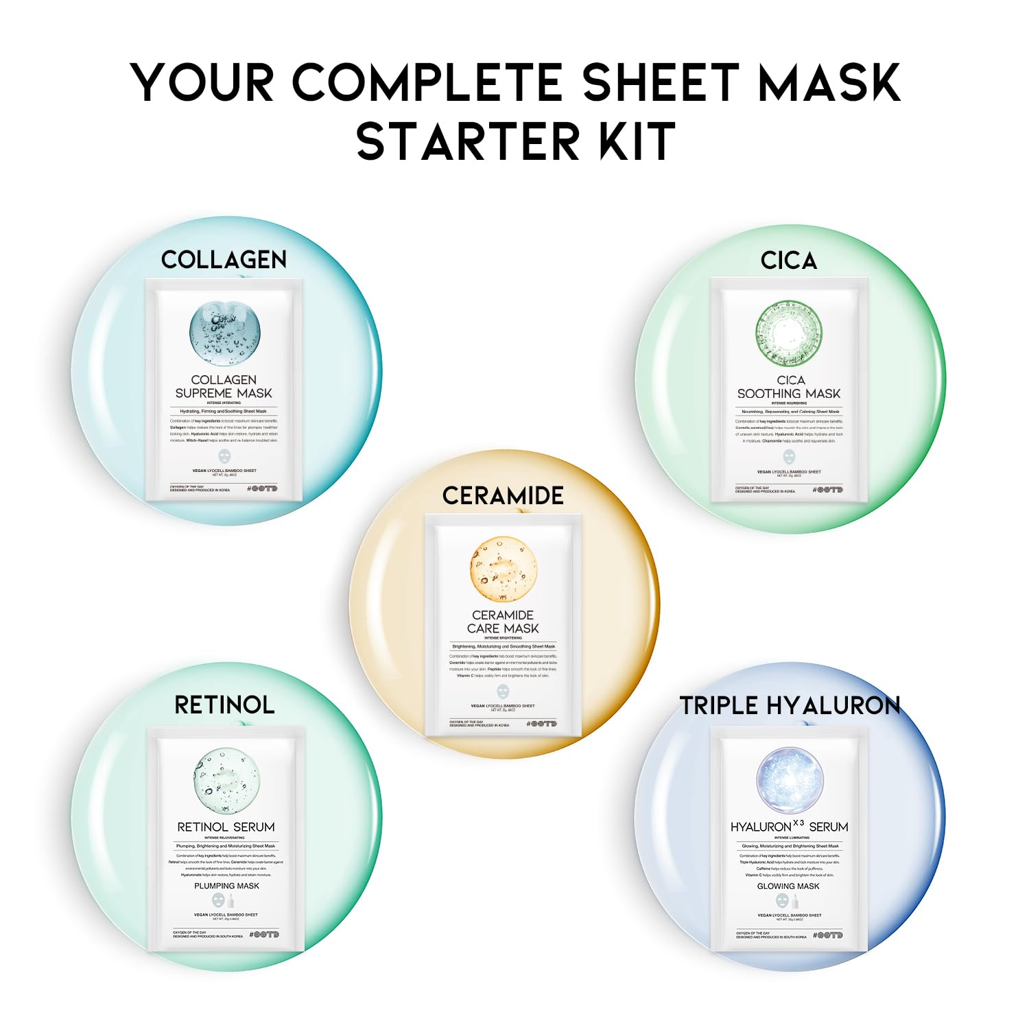 Hydrating Sheet Mask Starter Kit Variety Pack for Skin Care, Dry, Ance, Sensitive Skin, Korean Vegan Facial Sheet Mask for Men & Women, Collagen, Cica, Ceramide, Hyaluron, Retinol 5EA
