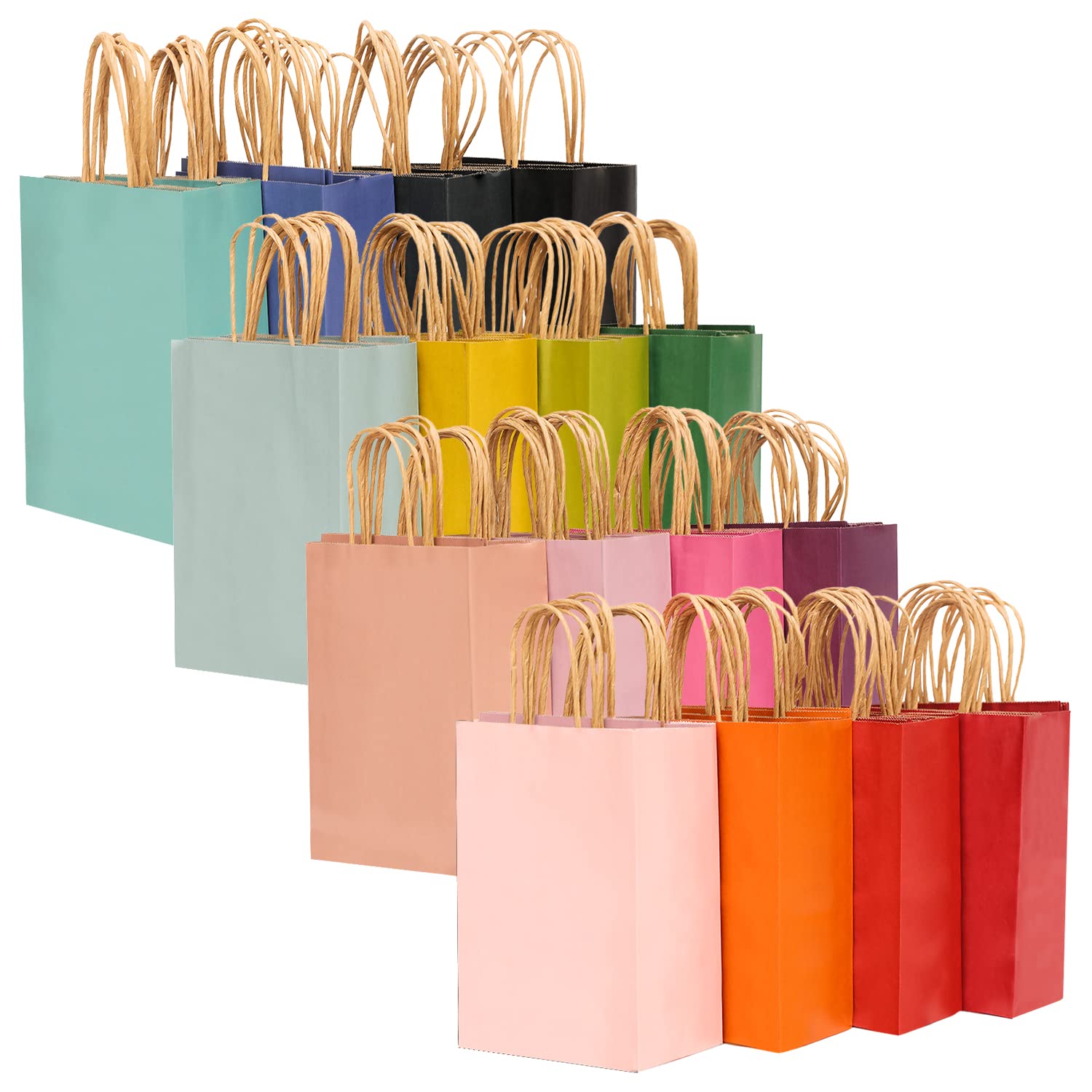 qiqee 32-Packs Paper Bags with Handles Bulk 7.6"x4.75"x10.5" Medium Gift Bags 16 Different Senior Color Bags Multiple Uses（Medium Size）