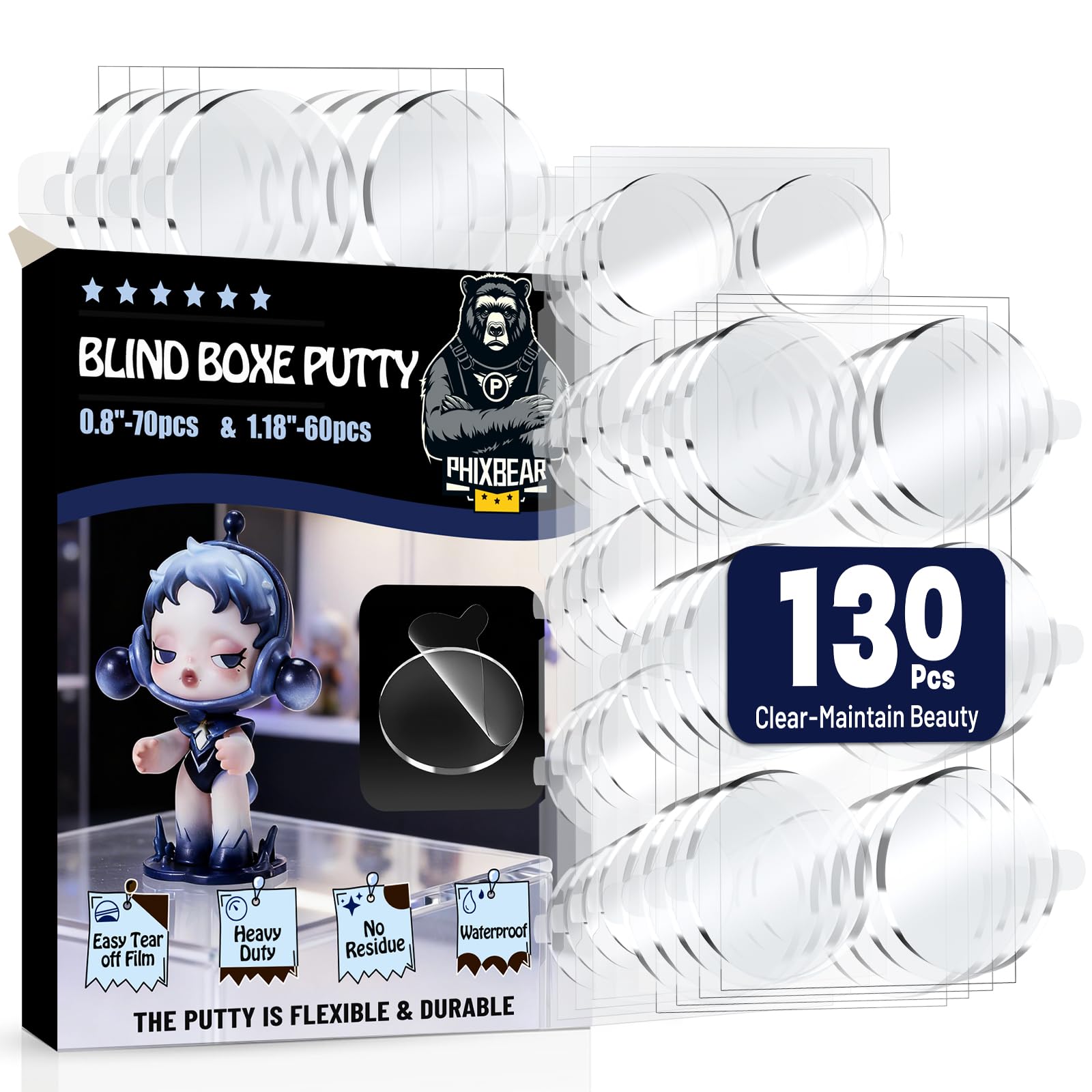 PHIXBEAR 130 Pcs Blind Boxes Easy to Peel Clear Removable Sticky Adhesive Mounting Putty, Waterproof No Traces Adhesive Sticke for Figurines, Handicrafts, Festival Decorations, Posters 1.18" & 0.8"