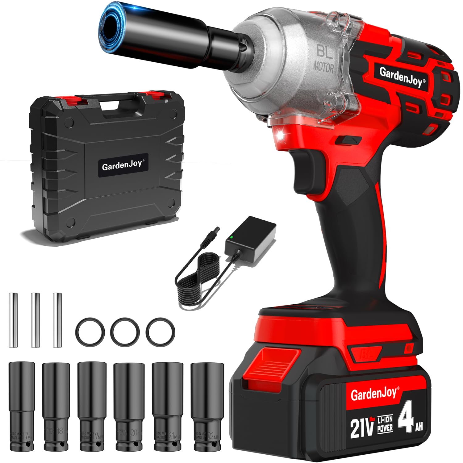 GardenJoy 1/2-Inch Cordless Impact Wrench: 21v Brushless Power Wrench Max Torque 450 Ft-lbs with 3 Mode Speed, 4.0Ah Battery, Charger, 6pcs Sockets and Tool Case, Electric Impact Gun Kit for Car Home