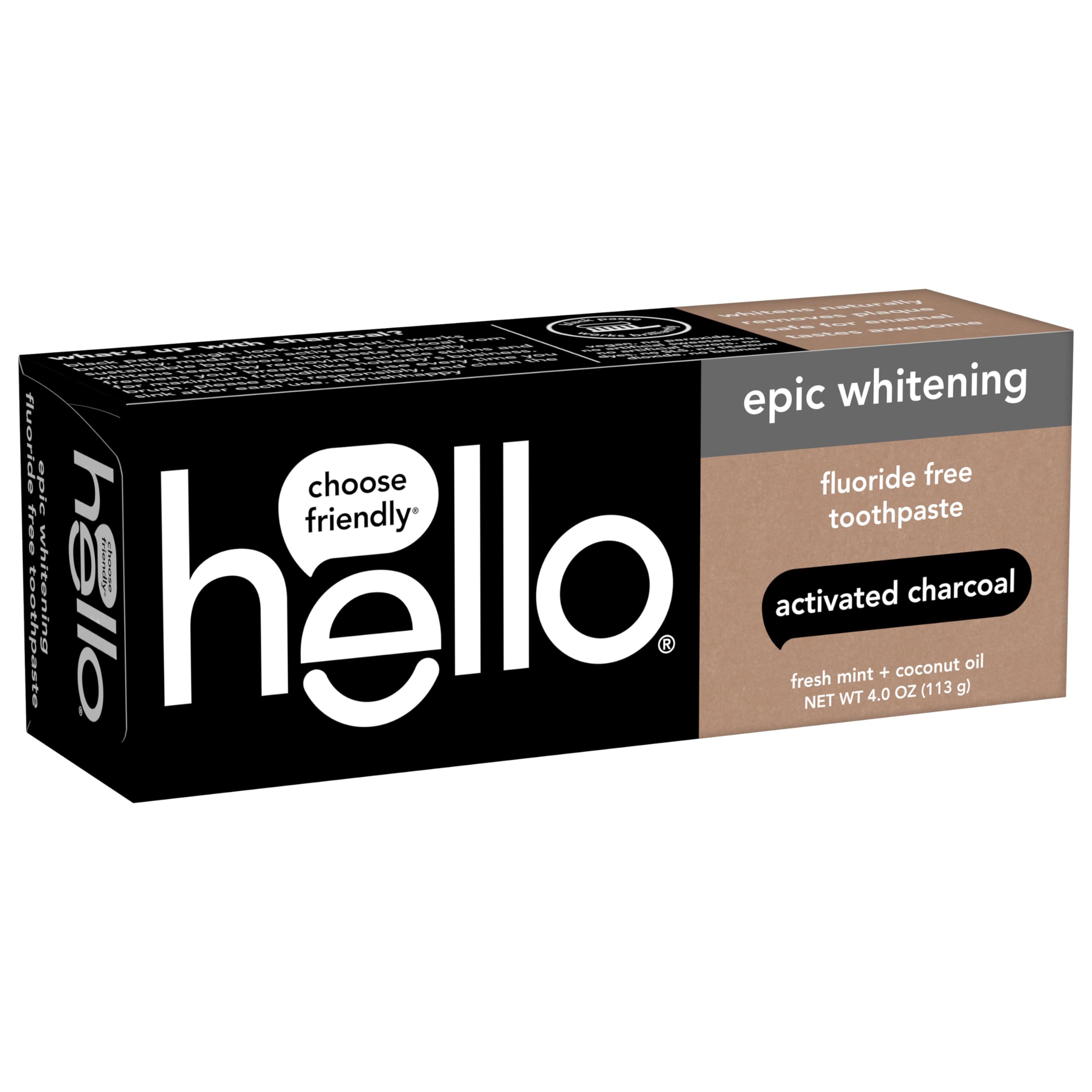 hello Activated Charcoal Epic Whitening Fluoride Free Toothpaste, Fresh Mint + Coconut Oil, Vegan & SLS Free