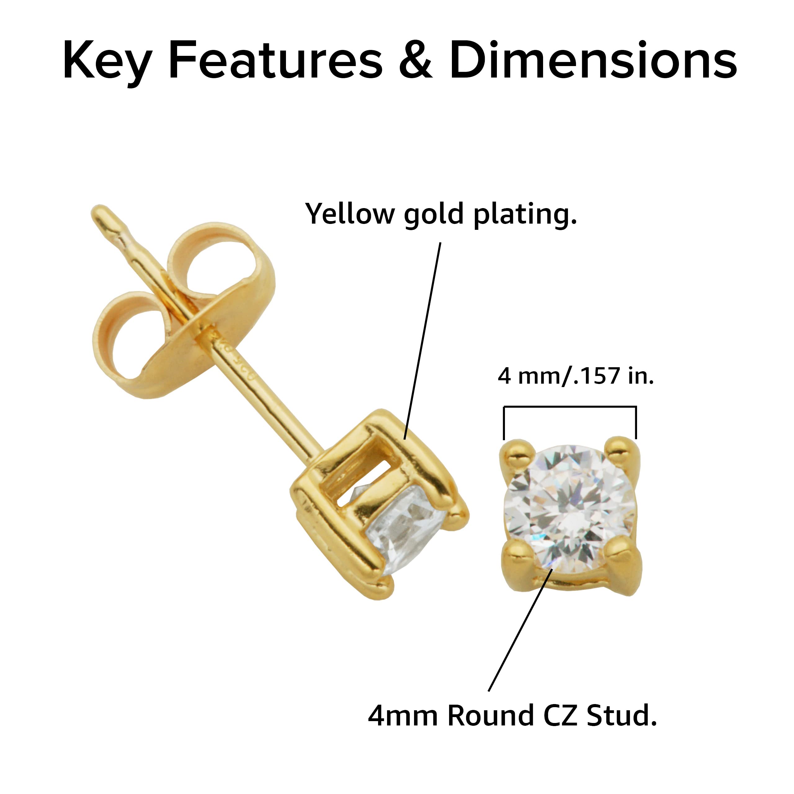 Amazon Essentials Yellow Gold Plated Sterling Silver Round Cut Cubic Zirconia Stud Earrings (4mm)