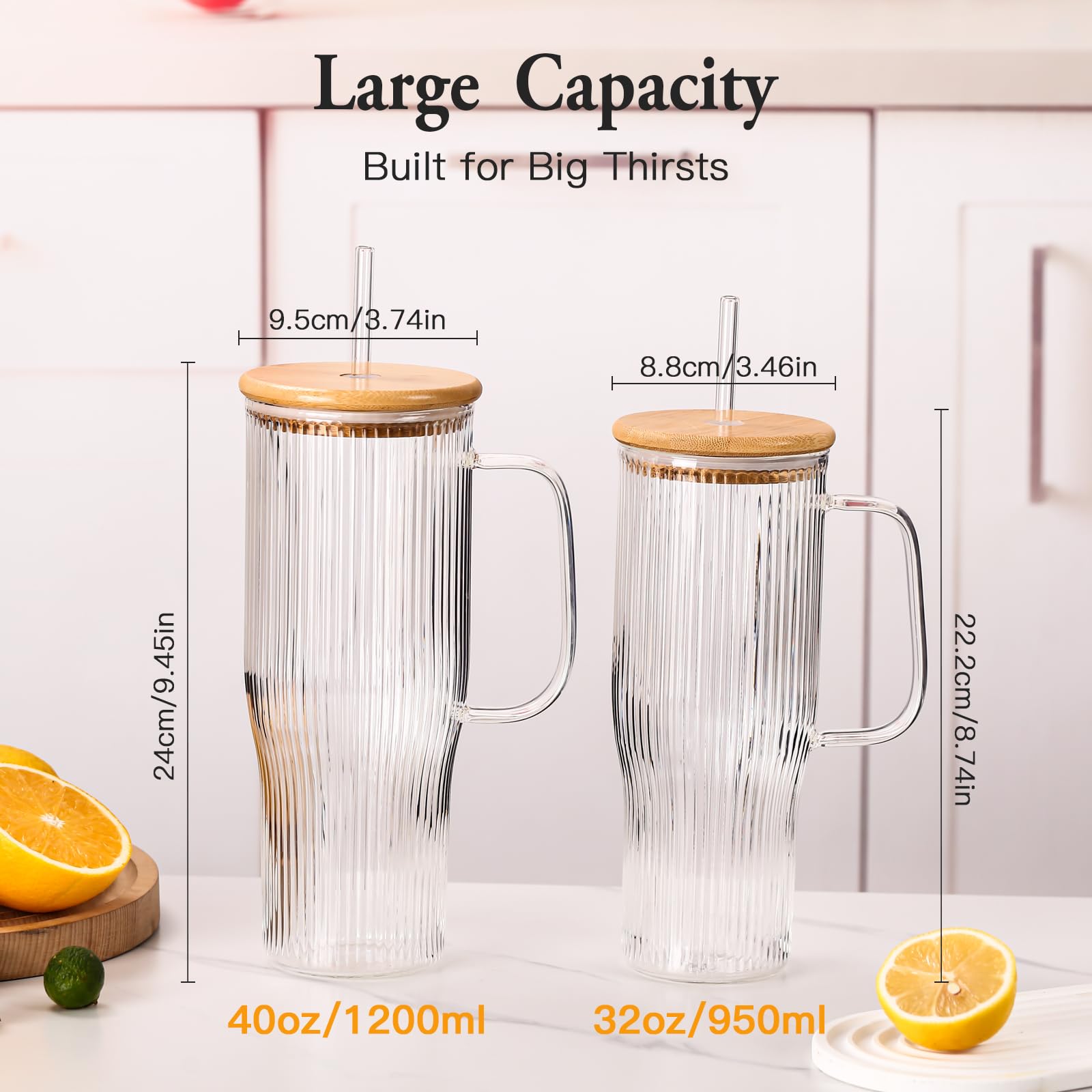 SIPBYSOP 40 oz Ribbed Glass Tumbler with Handle, 2 Pack Glass Cups with Lids and Straws, Large Iced Coffee Cup,Borosilicate, with Bamboo Lid and 4 Straws