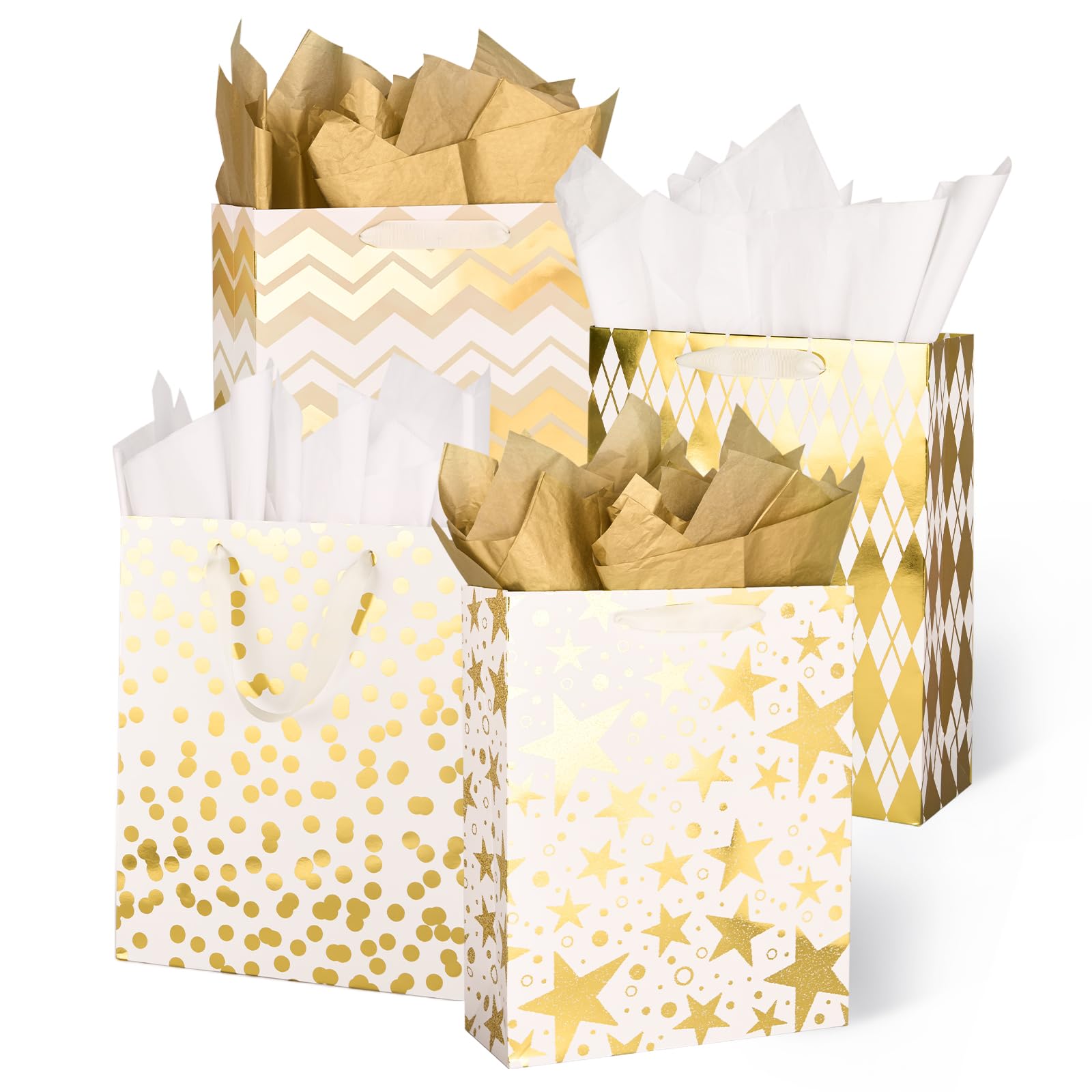 PAPER FAIR Metallic Gold Foil Gift Bags Bulk with White Tissue, 12 Pcs with 4 Unique Patterns: Stars, Polka Dots, Diamonds & Stripes, Large Size 12.5X10X4 inch, Ideal for Christmas Birthday Gift Wrap