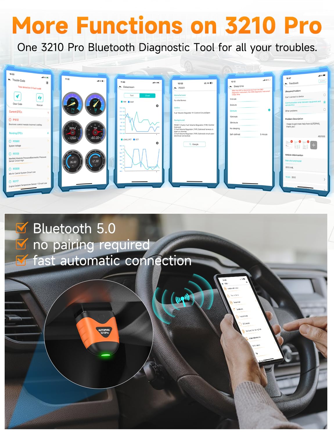 AUTOPHIX Bluetooth Car Code Reader, 3210 Plus OBD2 Scanner SRS Transmission ABS Check Engine Diagnostic Tool Wireless Auto Scan Tool with Performance Test Live Data Clear Error Code for All Cars