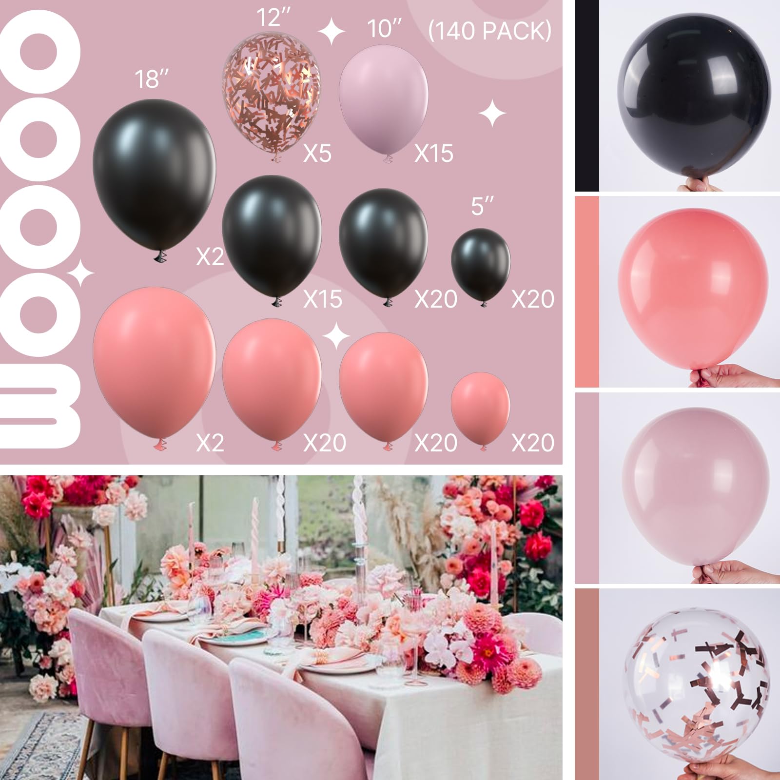 PartyWoo 140 pcs Black and Pink Balloon Garland Kit, Black, Pastel Pink, Dusty Pink Balloons for Balloon Garland Arch Kit, Birthday Party, Baby Shower, Wedding