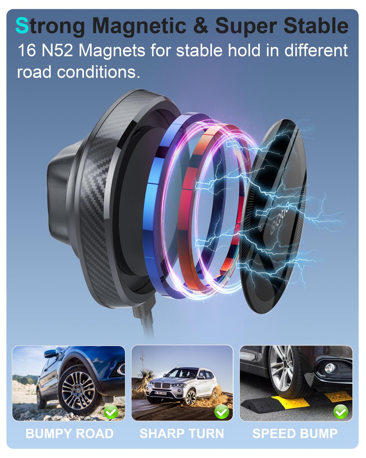 OQTIQ for MagSafe Cup Holder Wireless Car Charger Mount Magnetic Phone Charger Mount Heat-Dissipating System Fast Charging Phone Holder for iPhone 16 15 14 13 12 Pro Max Plus Mini with QC 3.0 Adapter