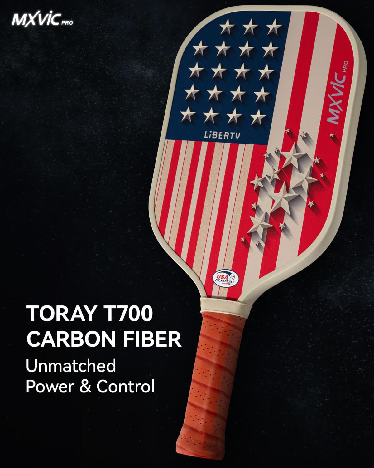 MXVIC 16mm Pickleball-Paddle, T700 Carbon-Fiber Surface (CFS) with High Grit & Spin, USAPA Approved Power and Control Paddle with Cover | 2024 American Flag Pickle-Ball Racket for Intermediate, Pro