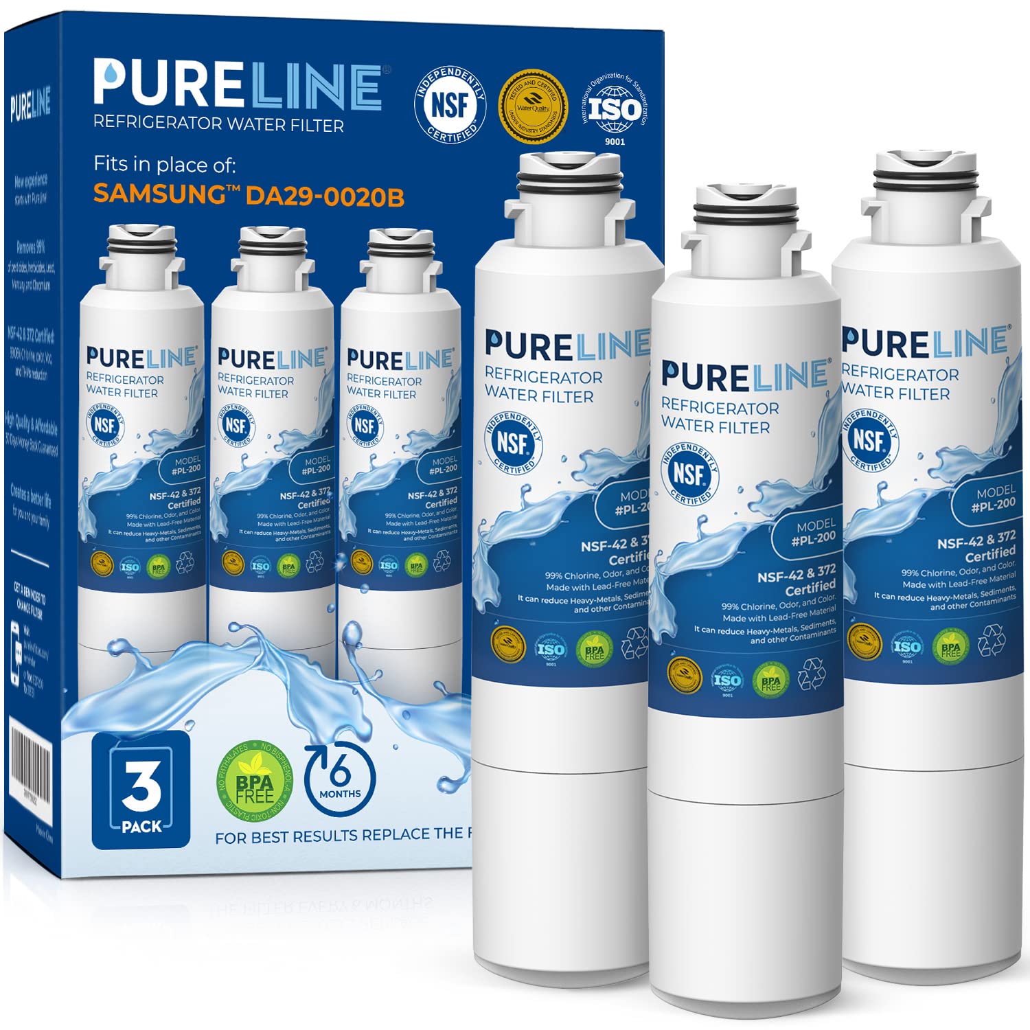 Pureline DA29-00020B Samsung® Refrigerator Water Filter Replacement, Replacement for DA29-00020A/B, HAF-CIN/EXP, HAF-CIN,DA97-08006A, Kenmore® 46-9101, 469101, 9101 Refrigerator Filter (3 Pack)