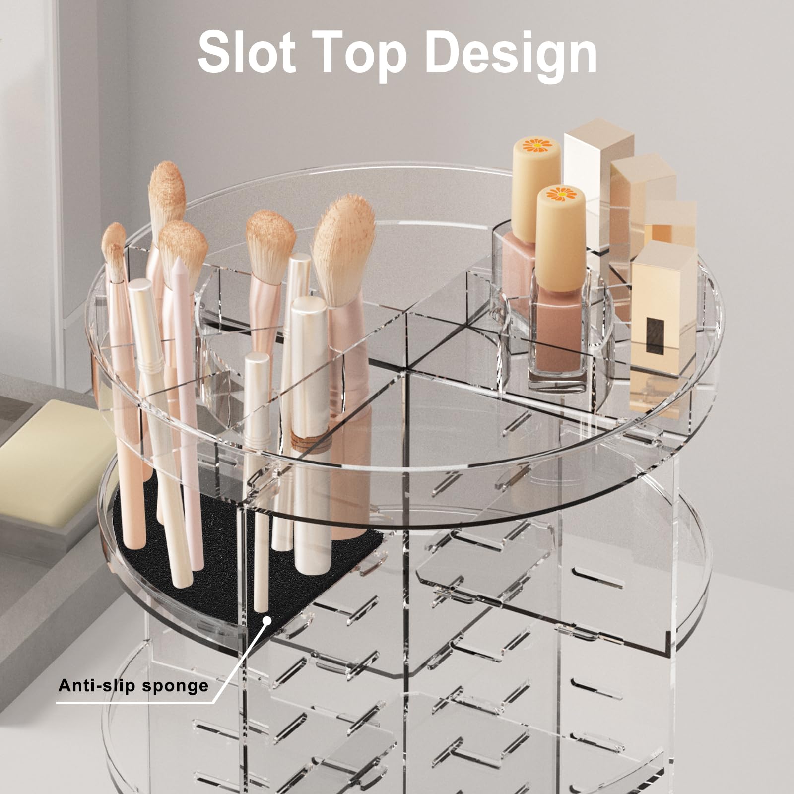 Lulltou 360 Rotating Makeup Organizer, Spinning Skincare Organizers with Slot Top, Cosmetic Storage Shelf with 8 Adjustable Layers, Revolving Perfume Organizer for Vanity Bathroom Countertop Bedroom