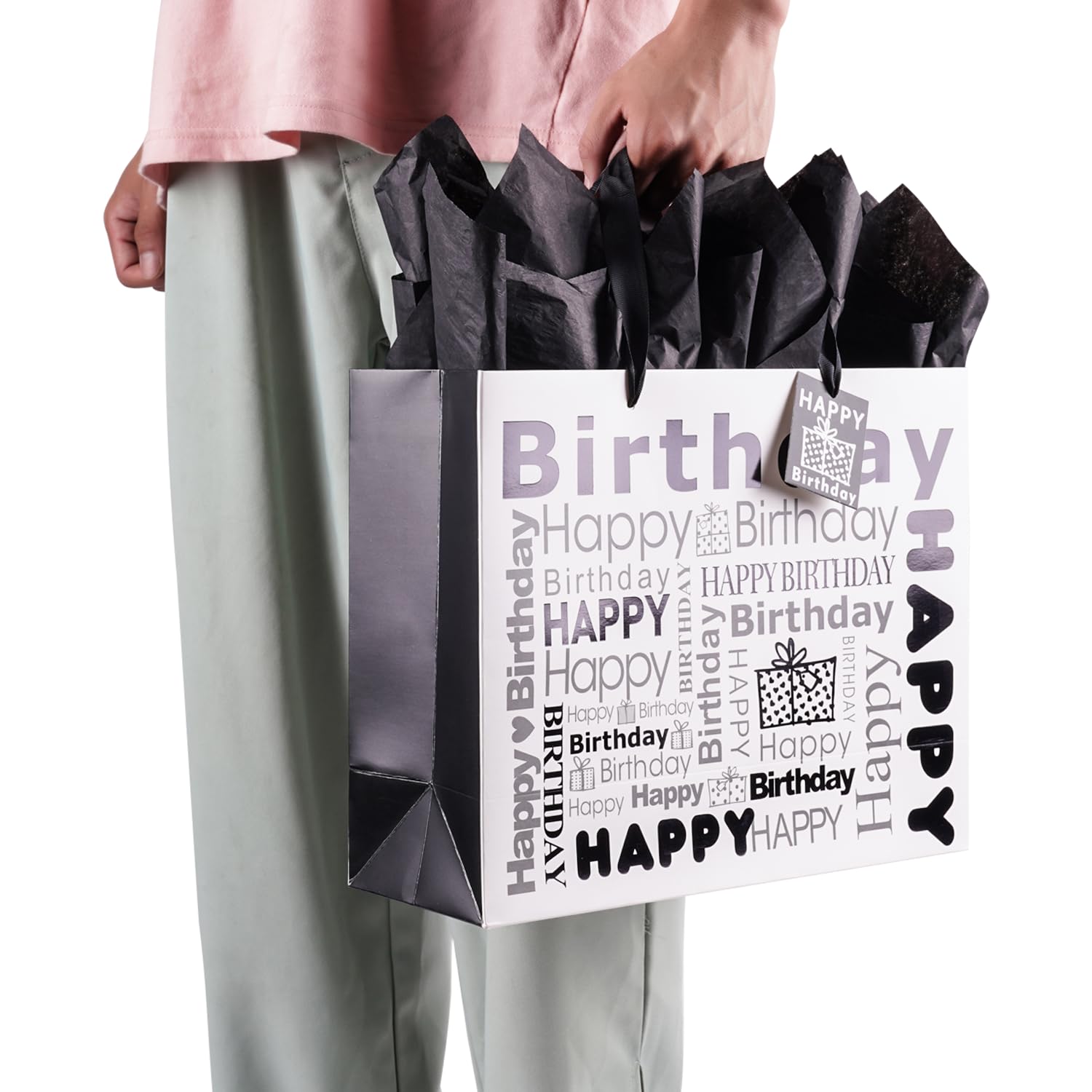 JWSCYSY 2Pcs White and Black Large Gift Bags with Tissue Paper, Happy Bithday Gift Bag for Men Women Birthday - 12.6" x 10.25" x 4.7".