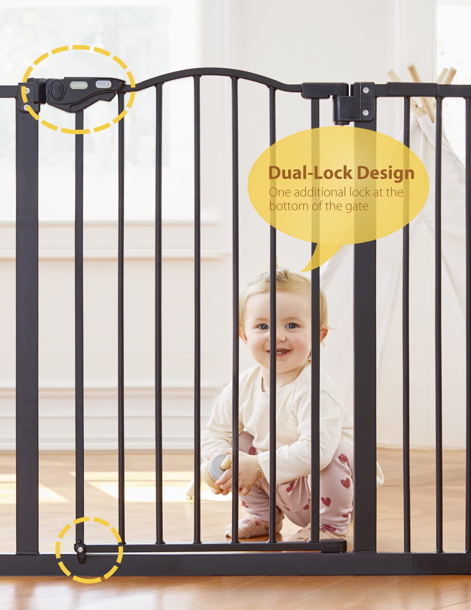 InnoTruth Baby Gate for Stairs & Doorways 29-39.6" Wide, 30" Tall Dog Gate for Pet Gates, Easy Step Auto Close Walk Thru Metal Stair Child Gate, Dual-Lock Safety Design and One-Hand Opening, Black