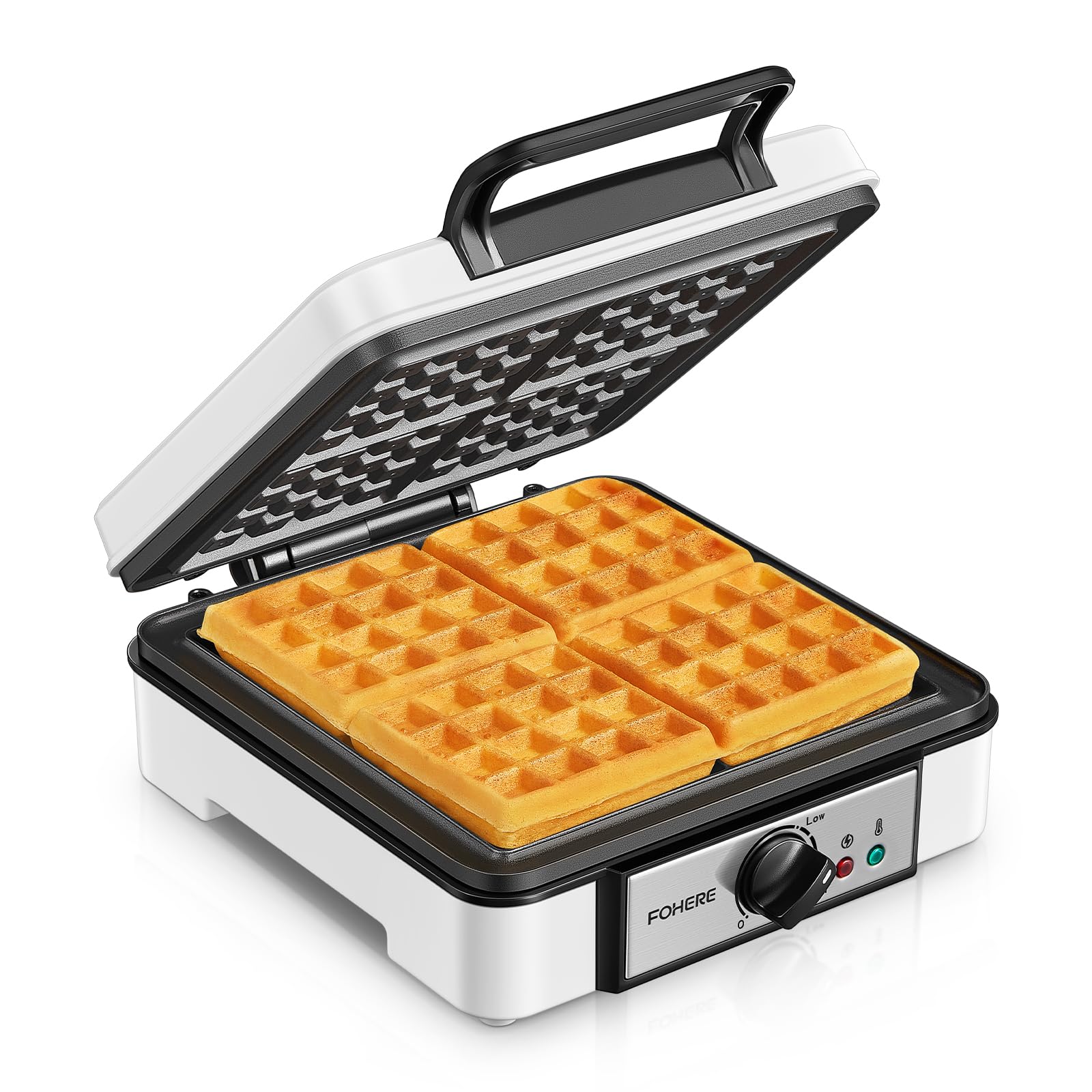 Belgian Waffle Maker 𝟒 𝑺𝒍𝒊𝒄𝒆𝒔, 𝟏𝟐𝟎𝟎𝑾 Waffle Iron, Waffle in 𝟓 𝑴𝒊𝒏𝒔, 5 Browning Levels, Nonstick Plates, Cool-touch Handle, Anti-scald, Anti-overflow, Indicator Lights, Recipe, White