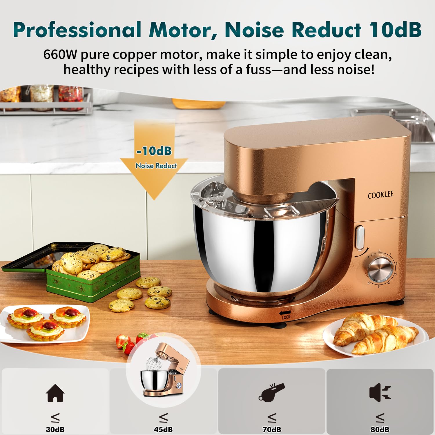 COOKLEE Stand Mixer, 9.5 Qt. 660W Electric Kitchen Mixer with Dishwasher-Safe Dough Hooks, Flat Beaters, Wire Whip & Pouring Shield Attachments for Most Home Cooks, Champagne