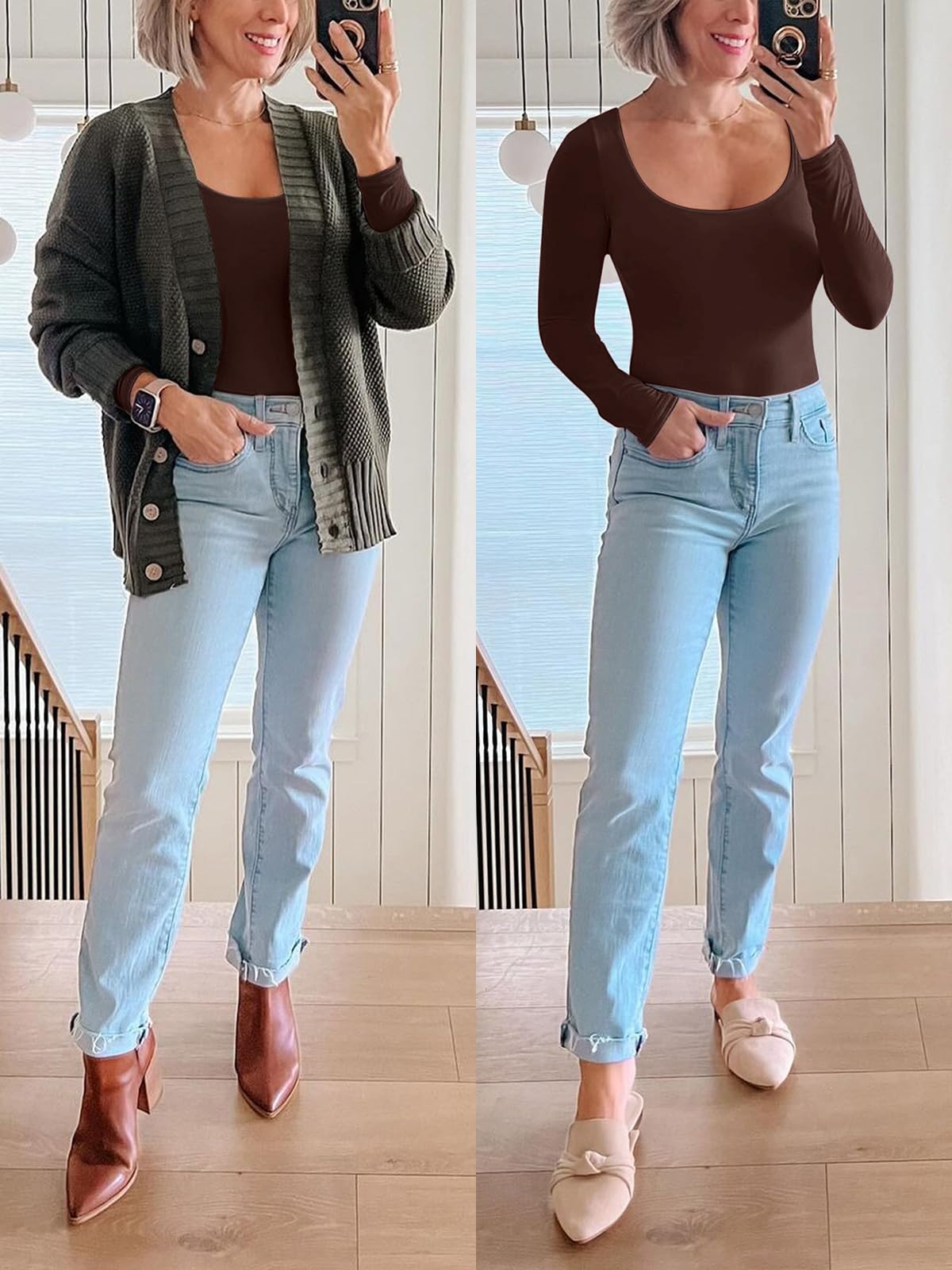 REORIA Womens Basic Sexy Scoop Neck Long Sleeve Leotards Fashion Fall Outfits Double Lined Layering Slim Soft Bodysuits Tops Shaved Chocolate Large