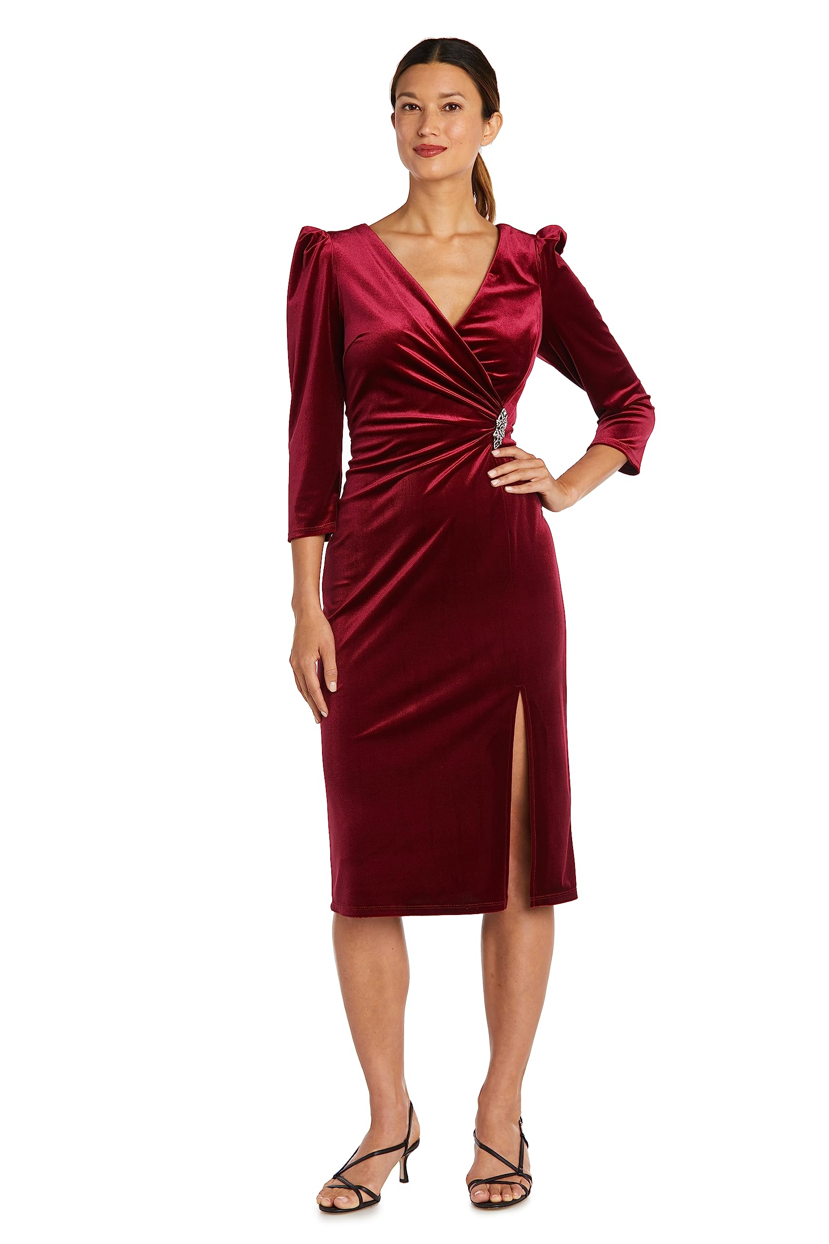 R&M Richards Women's Plus Size Velvet Dress with Side Slit, Wine