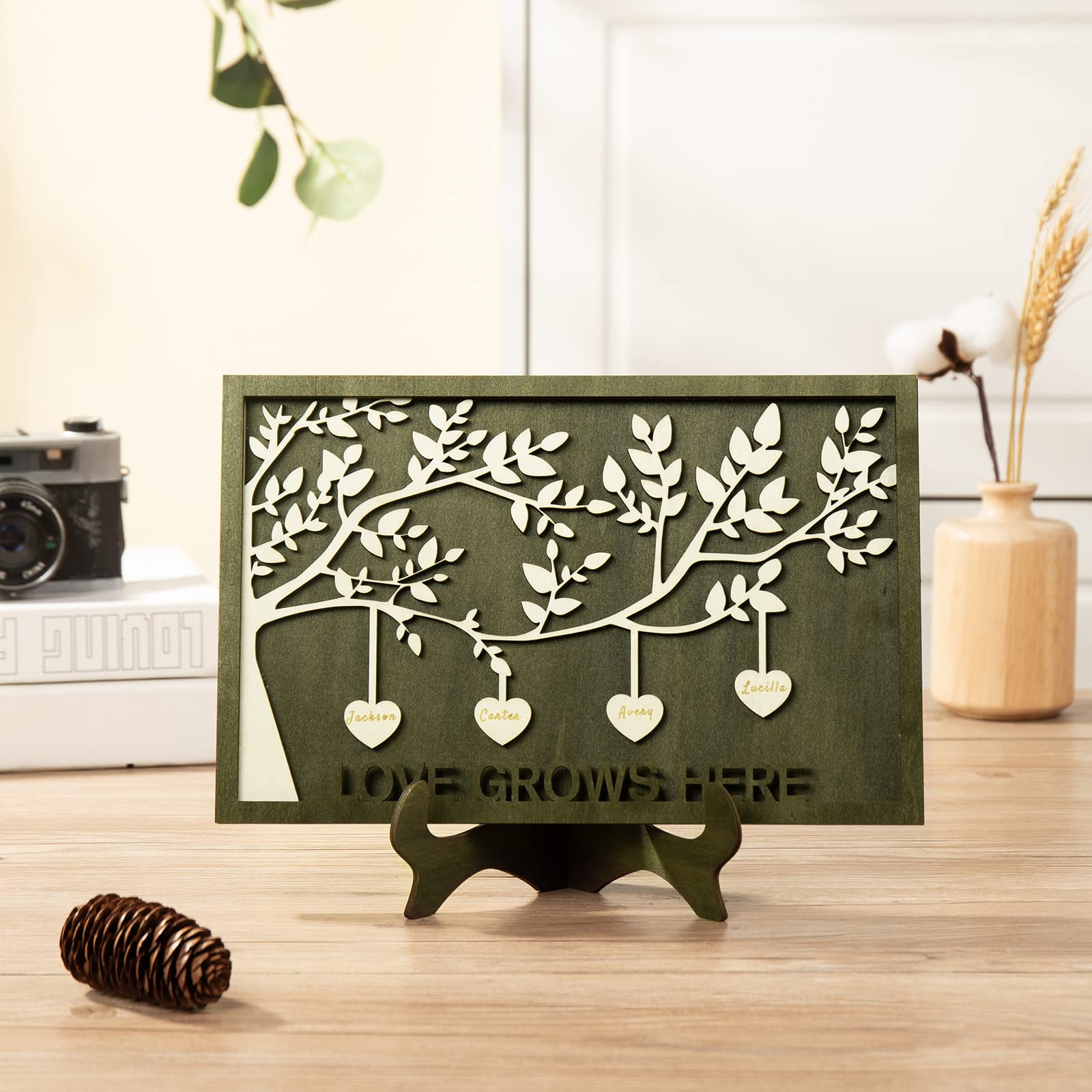 Mom Gifts,Personalized Family Sign with 2-9 Names Custom Name Sign Wooden Family Tree Frame Engraved Wood Plaque Home Decor Birthday Gift for Mother Women (4 names)