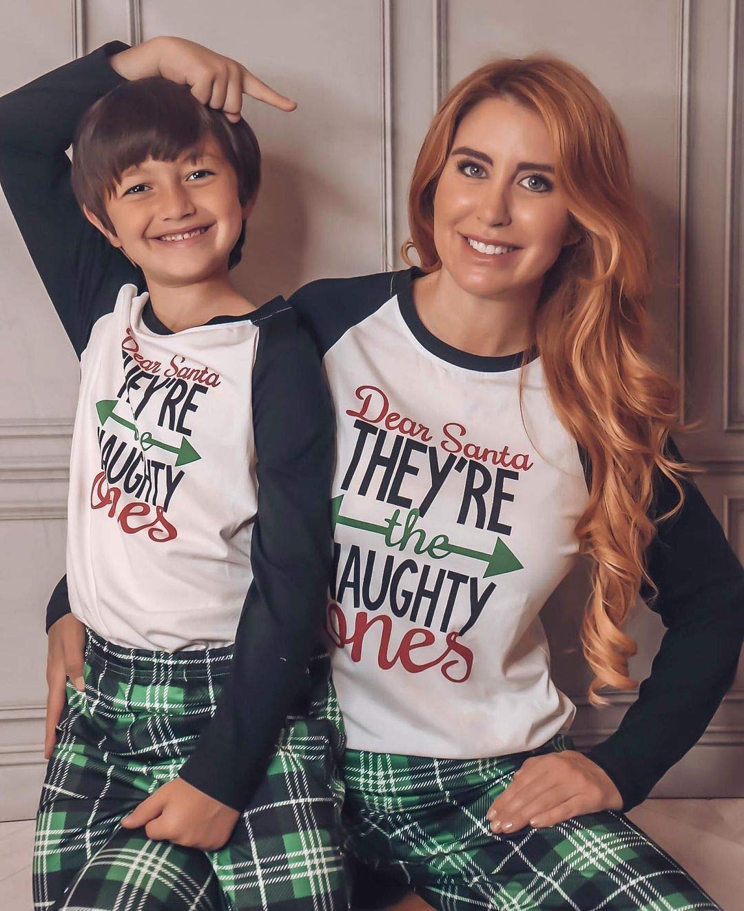 IFFEI Matching Family Pajamas Sets Christmas PJ's Letter Print Top and Plaid Bottom Sleepwear Jammies with Pockets 12-13 Years