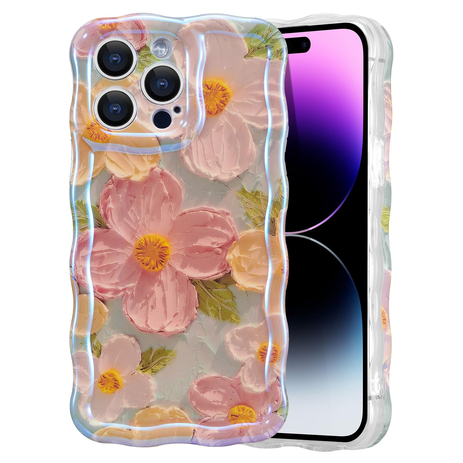 EYZUTAK Case for iPhone 14 Pro, Colorful Retro Oil Painting Printed Flower Laser Glossy Pattern Cute Curly Waves Border Exquisite Phone Cover Stylish Durable TPU Protective Case for Girls Women -Green