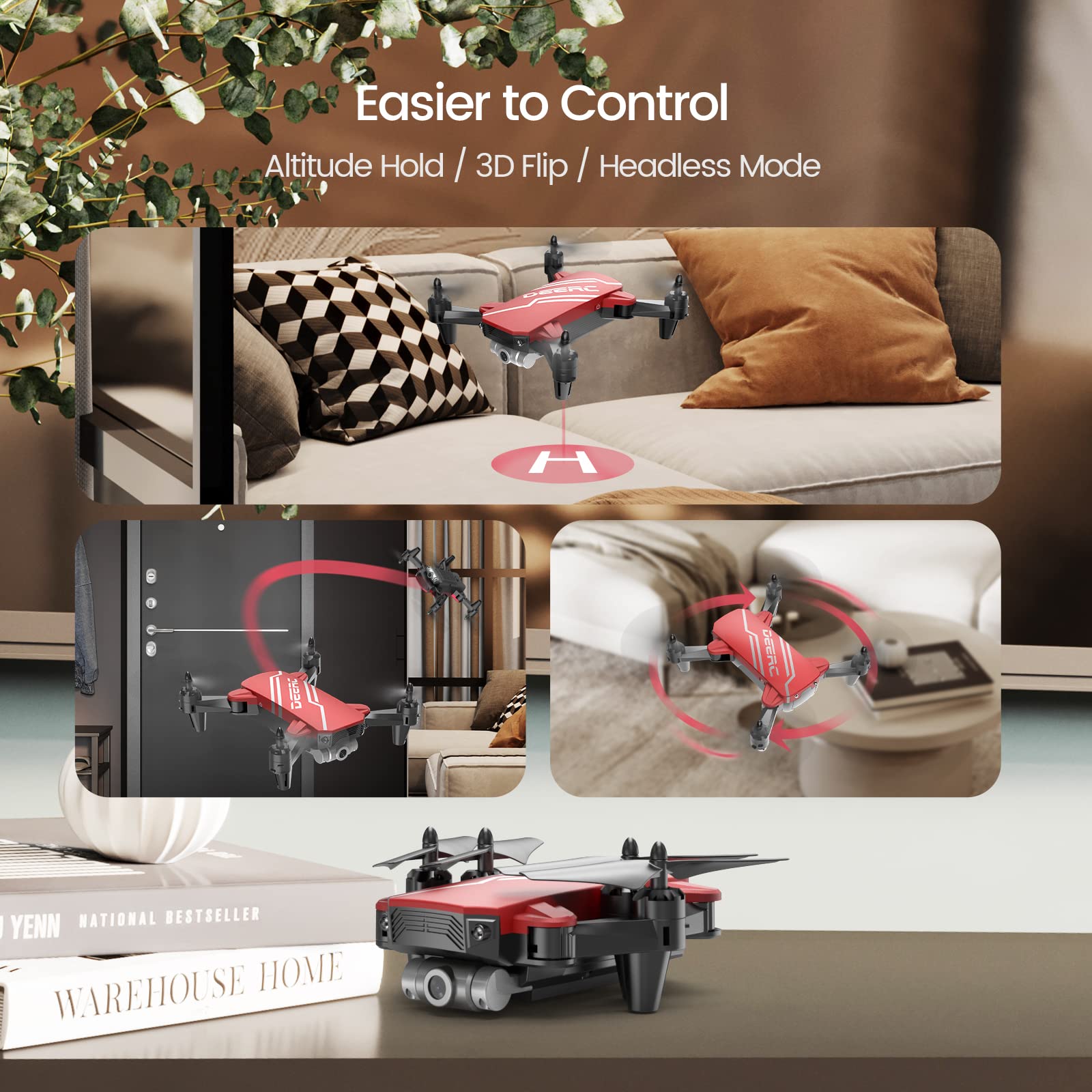 DEERC D20 Mini Drone for Kids with 720P HD FPV Camera Remote Control Toys Gifts for Boys Girls with Altitude Hold, Headless Mode, One Key Start Speed Adjustment, 3D Flips 2 Batteries, Red