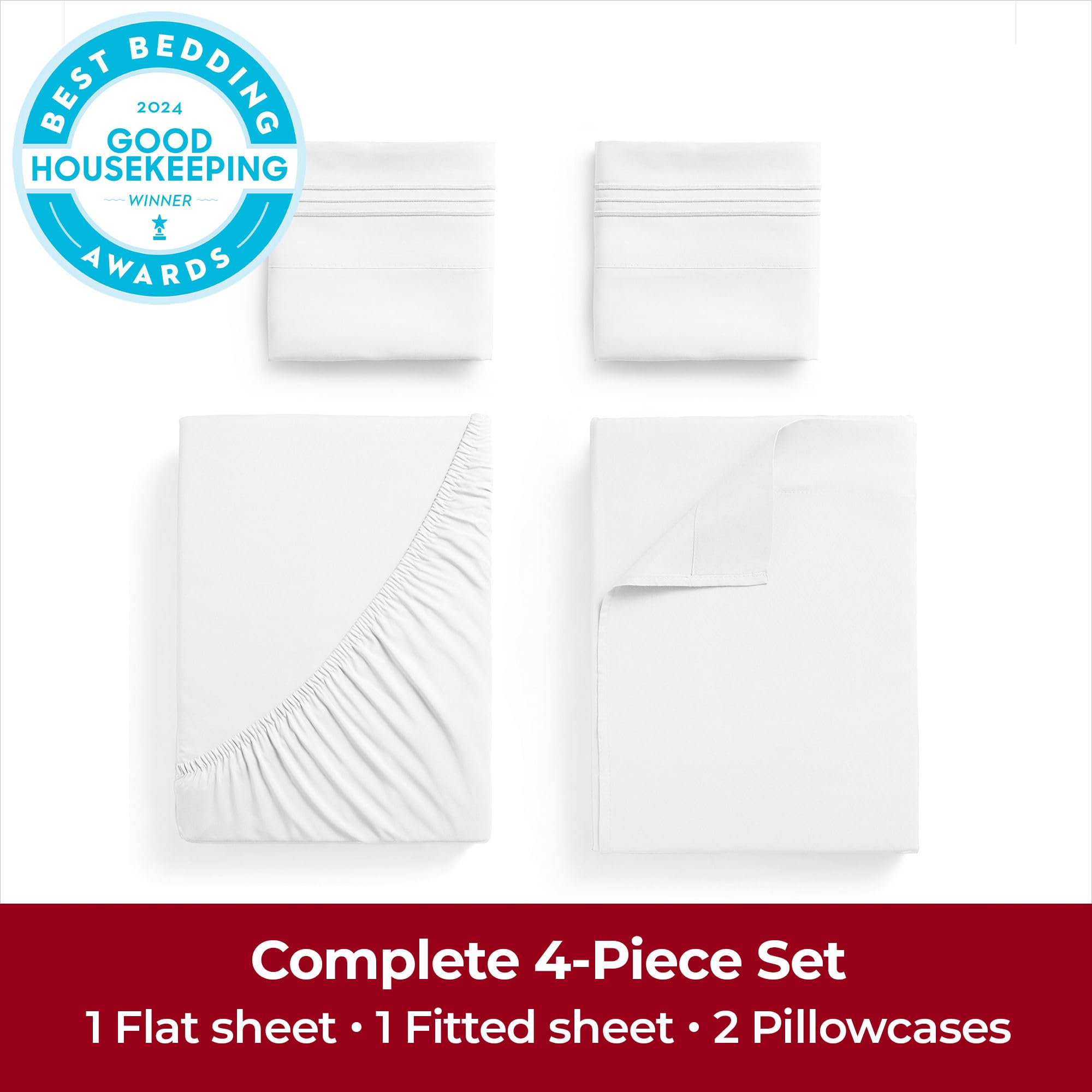 Mellanni Bed Sheet Set + Silk Pillowcase Bundle&Save - Hotel Luxury Bedding Sheets & Pillowcases - Bundle Includes: 4pcs Bed Sheet Set and 1 Mulberry Silk Pillowcase for Hair and Skin (Queen, White)