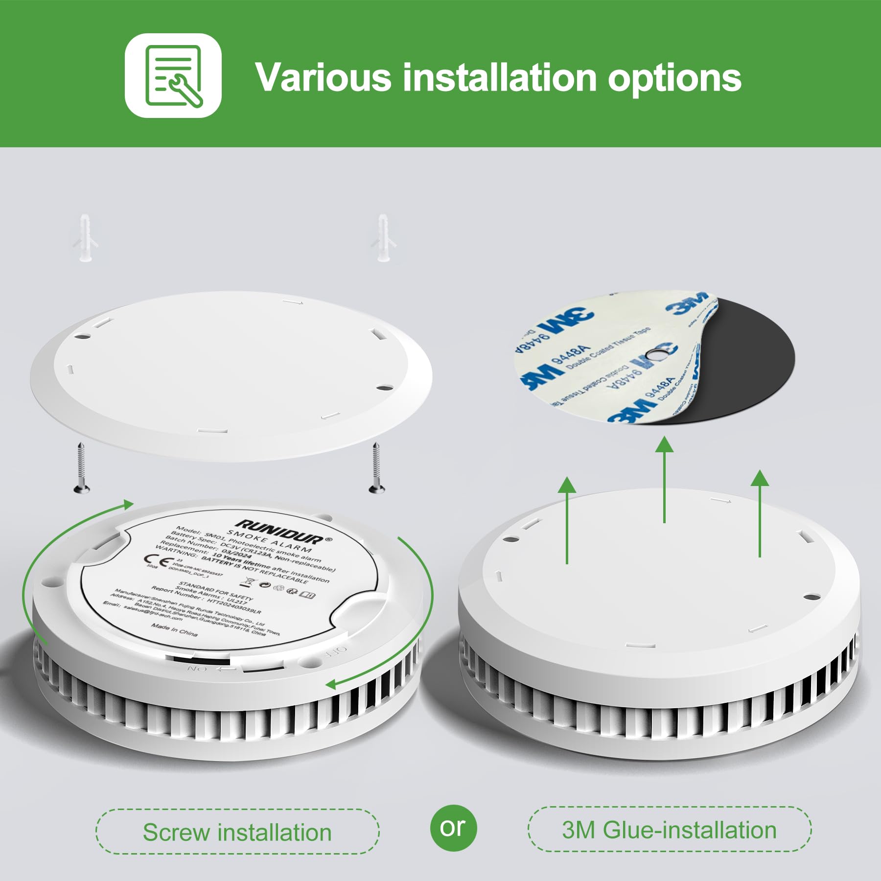 Rundur Fire Alarm 10-Year Battery Fire Detector 3.5-Inch Mini Sleek Design with Test/Silent Button Photoelectric Smoke Alarm Can be drilled Fixed fire detectors for Home