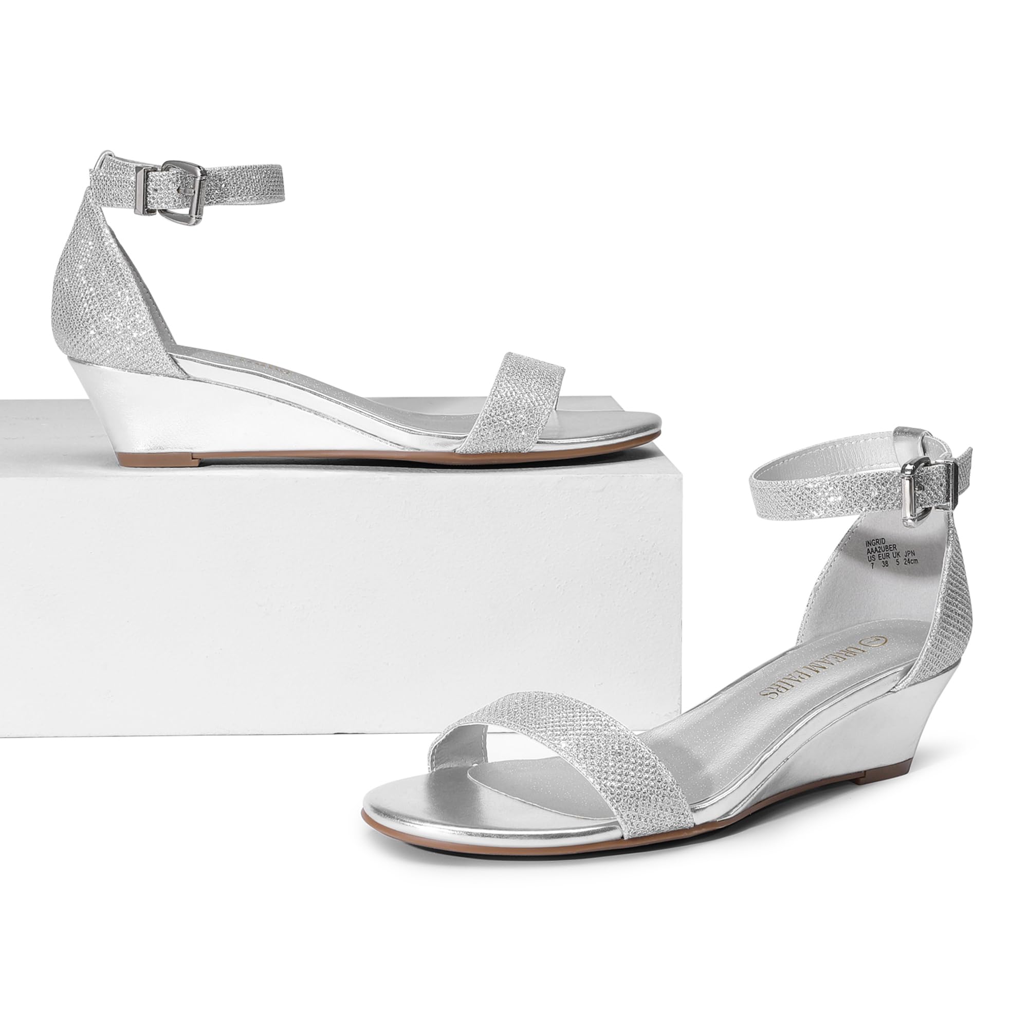 DREAM PAIRS Women's Ingrid Silver Plaid Ankle Strap Low Wedge Sandals Size 11 M US