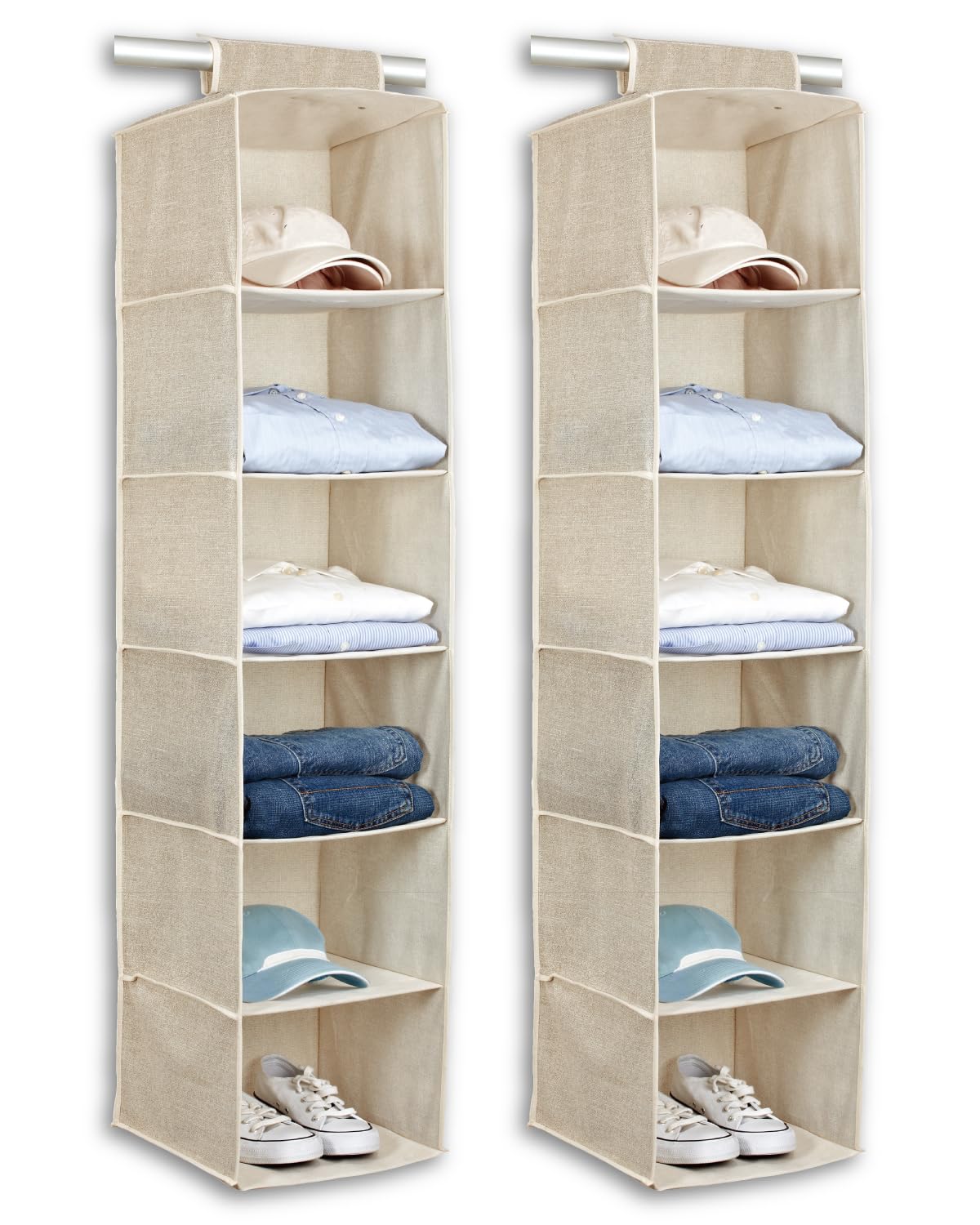 NEATJELAI 2 Pack Hanging Closet Organizer 6 Tier Large Hanging Shoe Organizer Shelves for Closet Wardrobe Baby Clothes Organization and Storage, Foldable Design, Beige，12" D x 47" W x 12" H