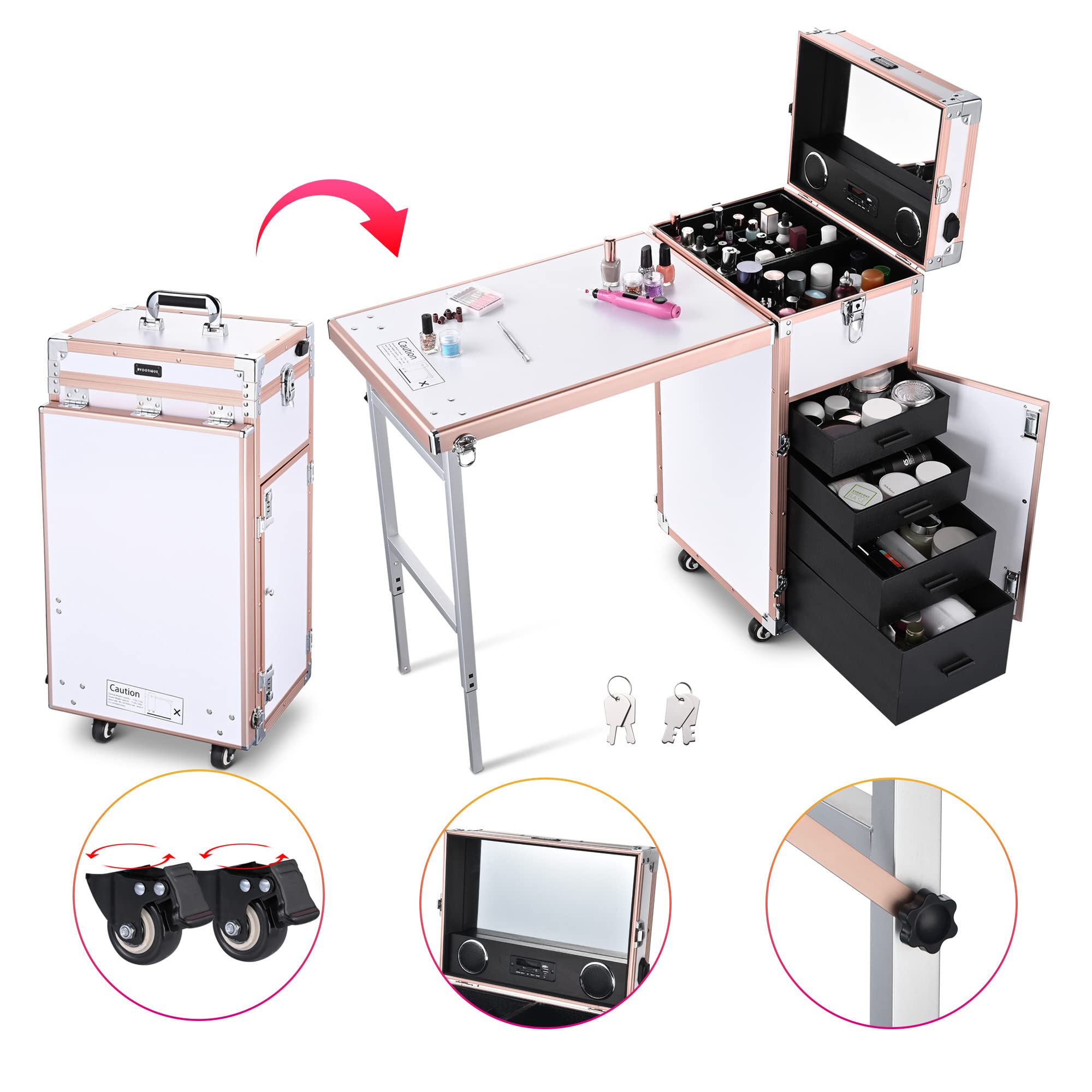 BYOOTIQUE Rolling Manicure Table Foldable Nail Salon Station Makeup Train Case Cosmetic Trolley Travel Storage Organizer with 4 Drawers Mirror & Speaker for Technician Workstation, Rose Gold