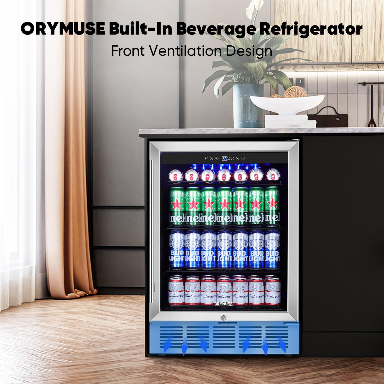 ORYMUSE 24" Beverage Refrigerator & Cooler, 180 Cans Under Counter Fridge with Lock, Glass Door & Powerful Cooling Compressor - Quiet, Built-in/Freestanding Drink Fridge