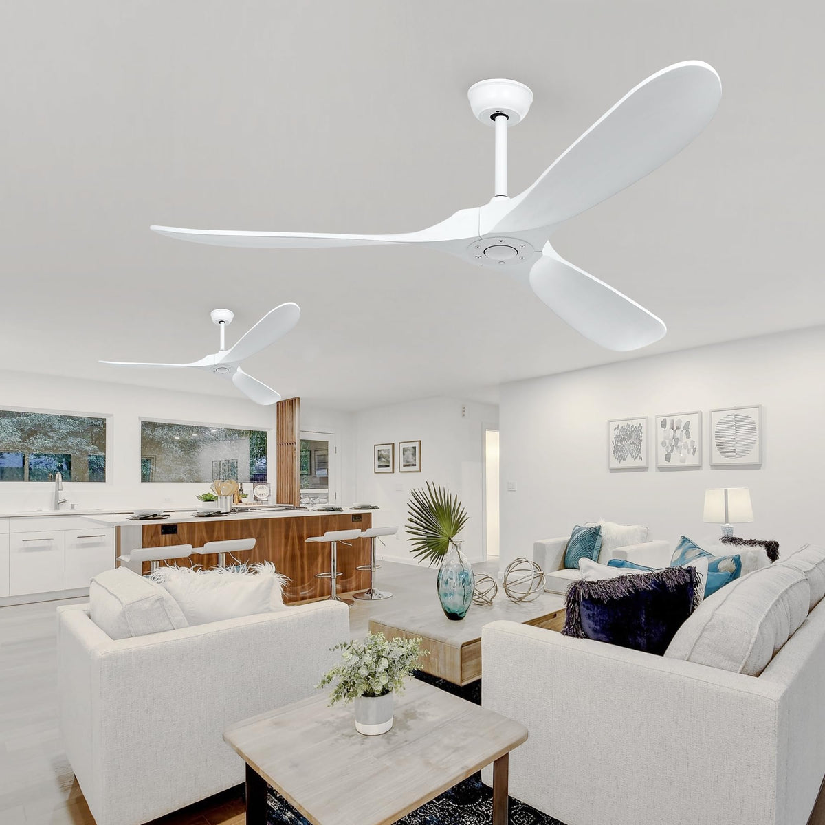 HUMHOLD 60" Wood Ceiling Fan no Lights with Remote, Reversible DC Motor 6-Speed Ceiling Fan, 3 Wood Fan Blades White Ceiling Fan without Light, Modern Propeller Ceiling Fans for Bedroom/Living Room