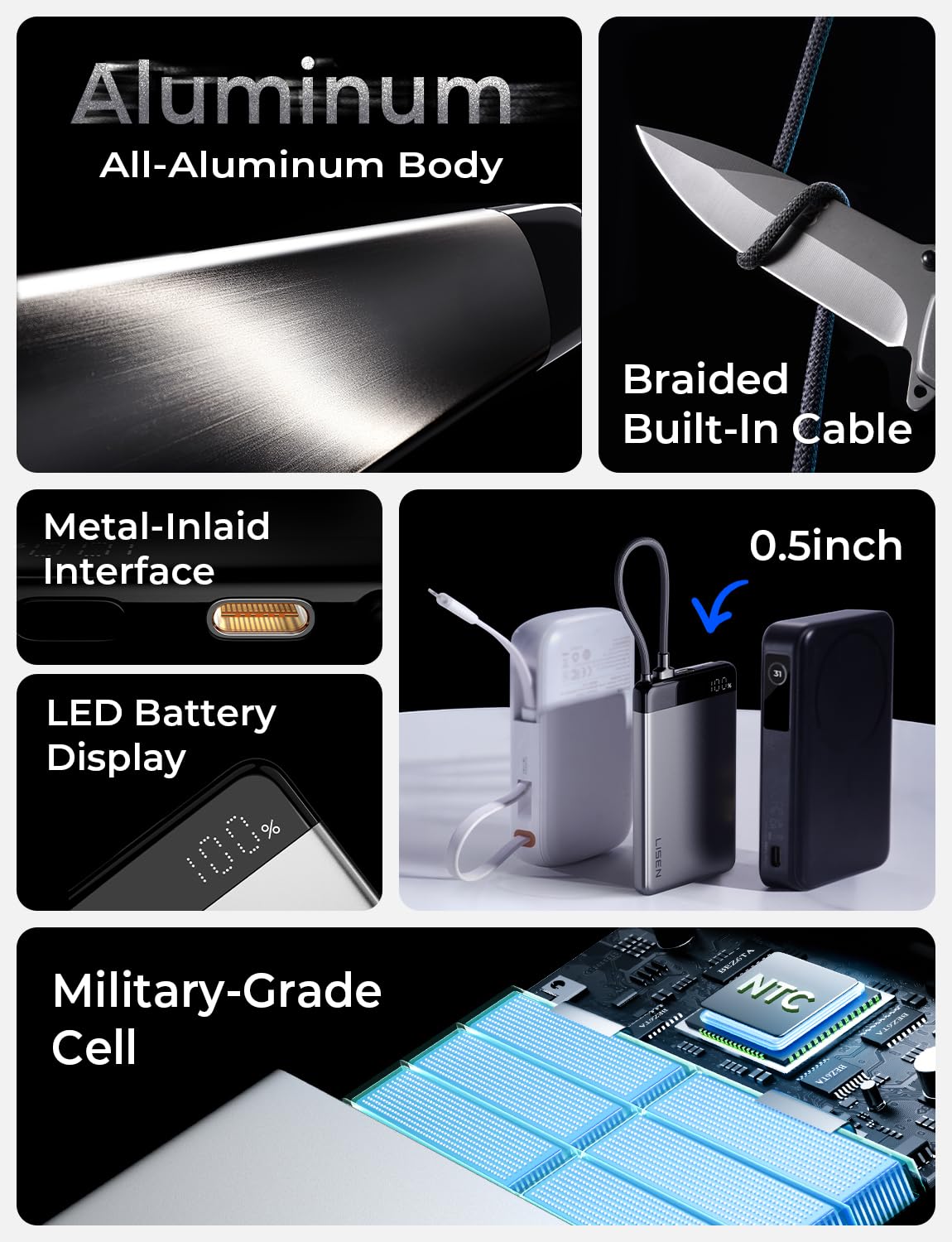 LISEN 0.5" Ultra Slim Power Bank 10000mAh with Built in USB C Cable, CCC Certified Power Bank International Travel Essentials for Flying, Best Airplane Gadgets Cruise Essentials Portable Charger USB C