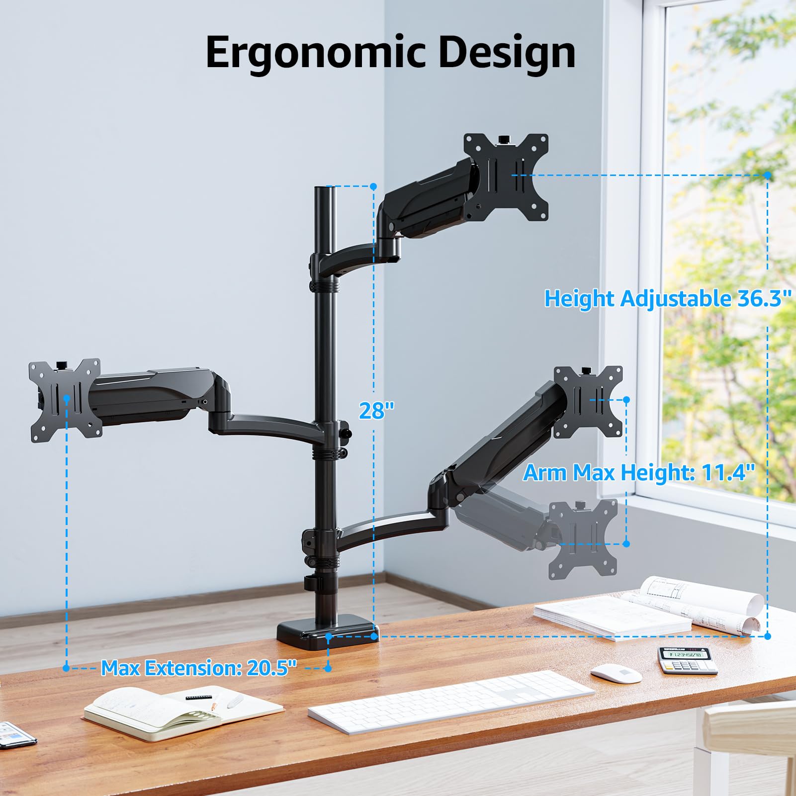 MOUNTUP Triple Monitor Mount Holds 4.4-17.6lbs, Up to 32 Inch Monitor Stand for 3 Monitors, Triple Monitor Stand with Gas Spring Arm with Clamp/Grommet Base VESA 75x75/100x100 MU6013A