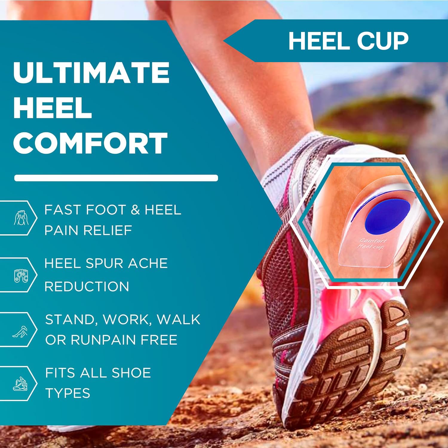 Gel Silicone Heel Cups/Pads - 2 Pack, Size L, Heel Lifts for Achilles Tendonitis, Soft Gel Toe Cap - 6 Small Toe Protectors for Women & Men