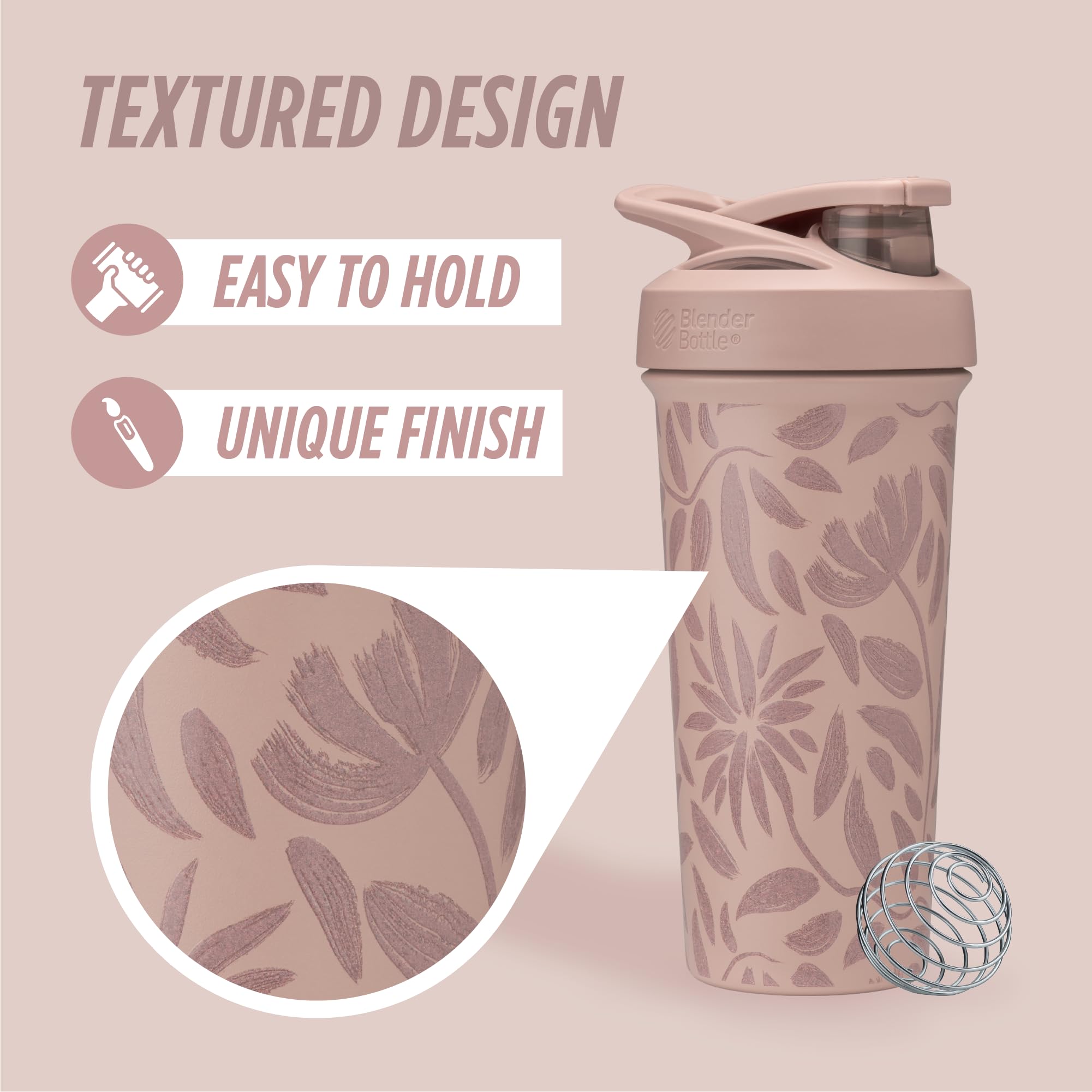 BlenderBottle Sport Flip Shaker Cup Insulated Stainless Steel Water Bottle with Wire Whisk, 25-Ounce, Brown Flowers