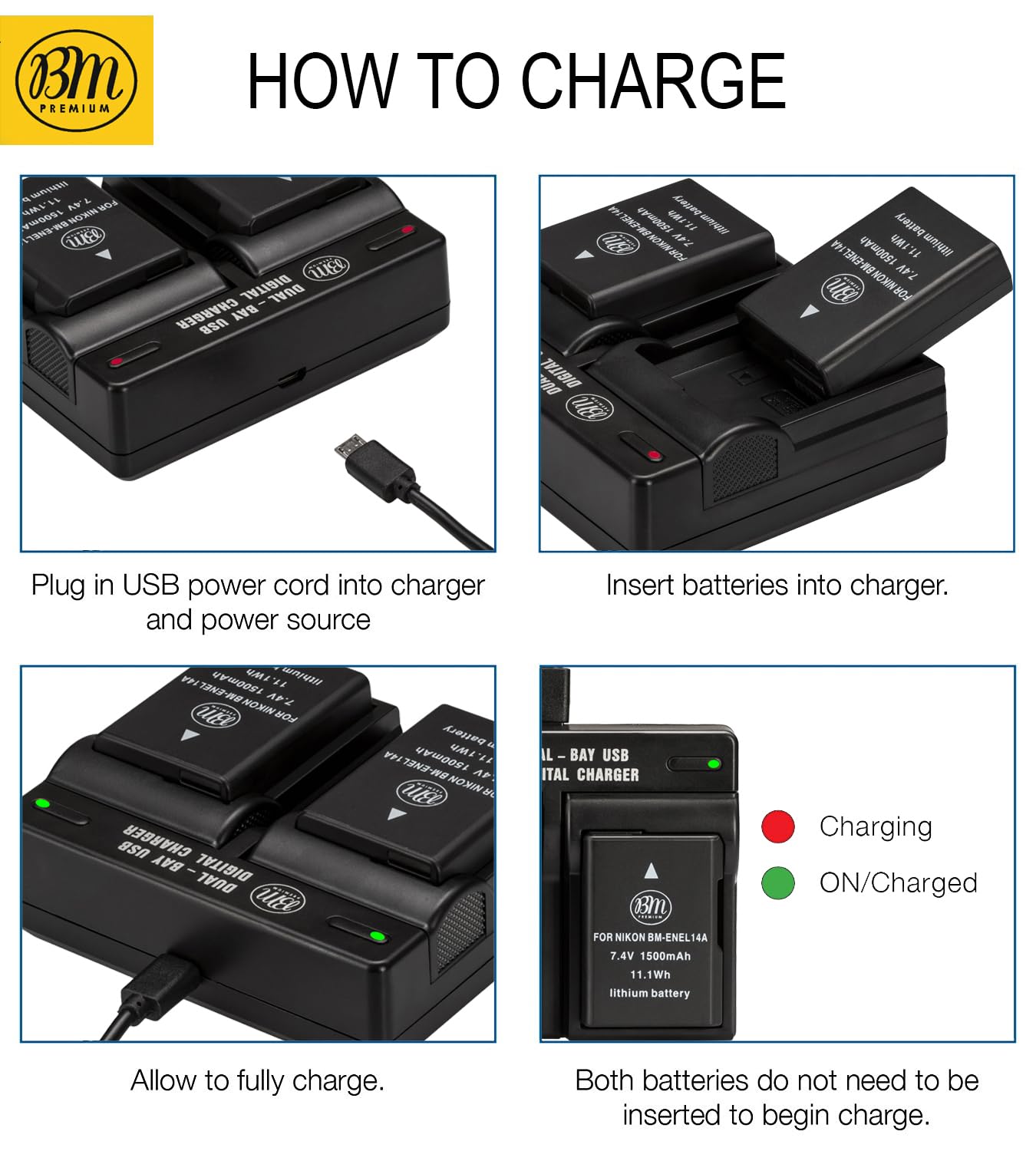 BM Premium 2 Pack of EN-EL14A Batteries and Dual Bay Battery Charger for Nikon D3100, D3200, D3300, D3400, D3500, D5100, D5200, D5300, D5500, D5600, DF Coolpix P7000, P7100, P7700, P7800 Cameras