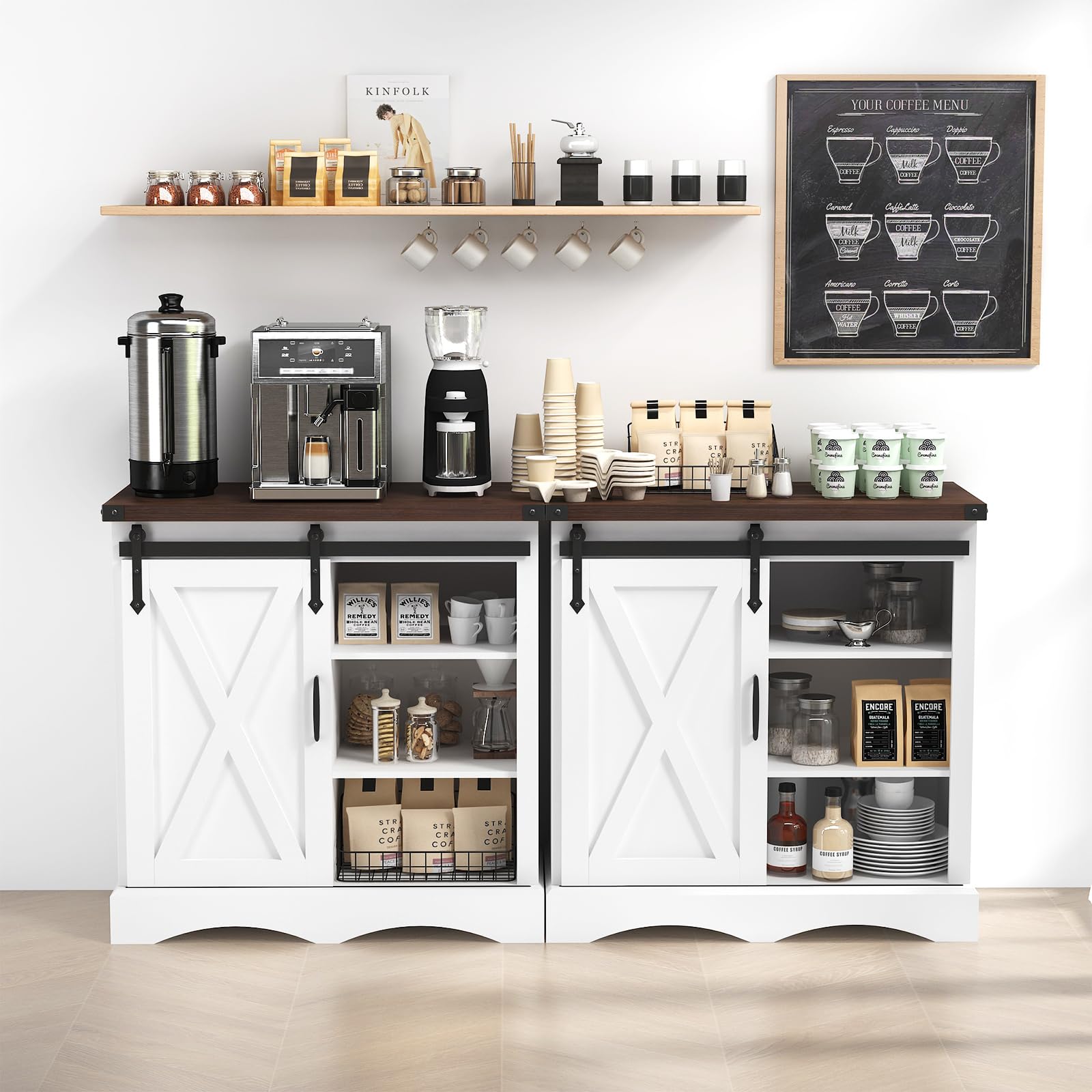 HOMFAMILIA Upgraded 32"H Farmhouse Coffee Bar Cabinet w/Storage, Thickened Top Kitchen Sideboard Buffet Cabinet w/Sliding Barn Door, Rustic Accent Console w/Adjustable Shelves for Kitchen,Living Room