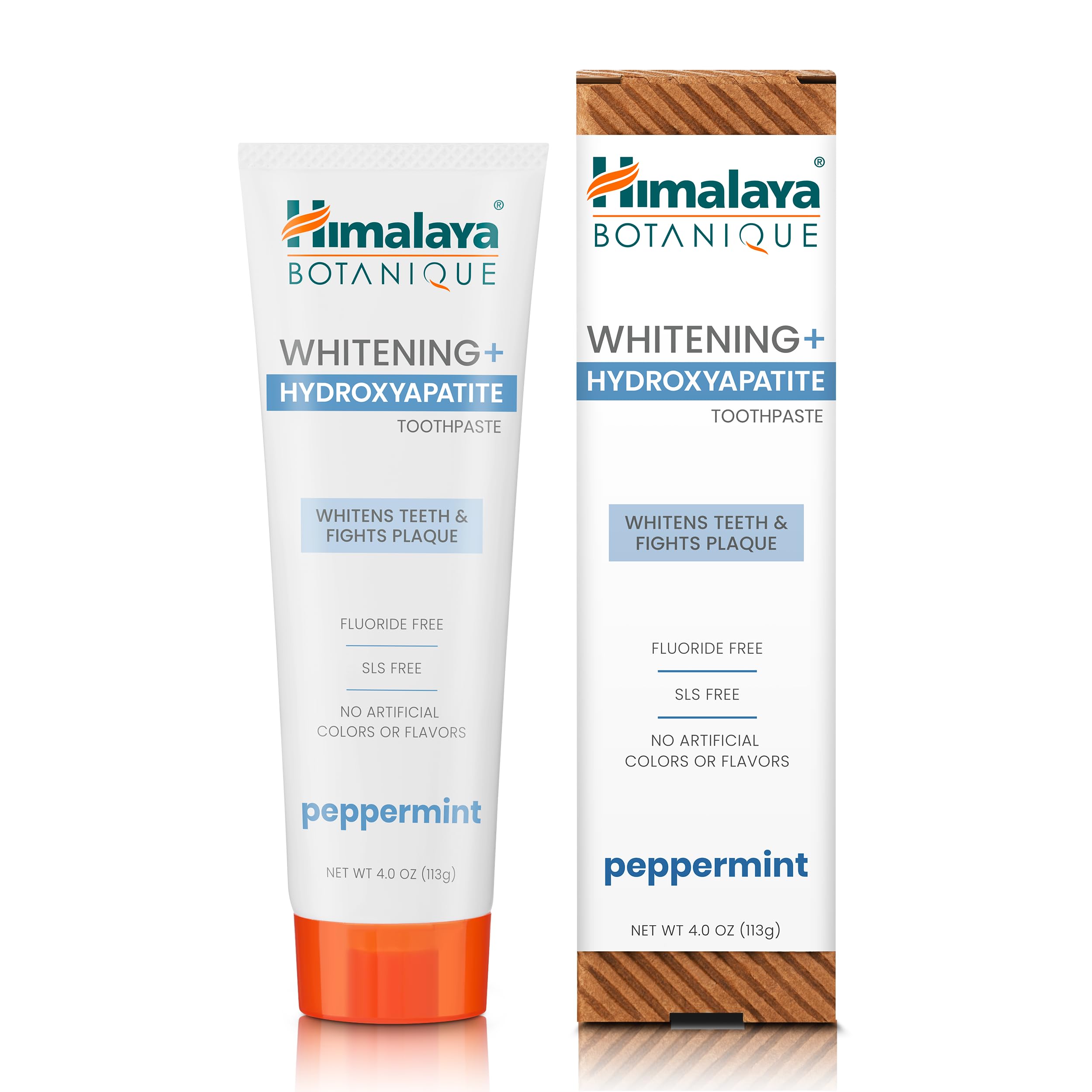 Himalaya Botanique Peppermint Whitening+ Hydroxyapatite (nHA) Toothpaste, Whiter Teeth & Fresher Breath with Hydroxyapatite Support & Peppermint Flavor, Fluoride Free, SLS Free, & Vegan, 4.0 oz (113g)