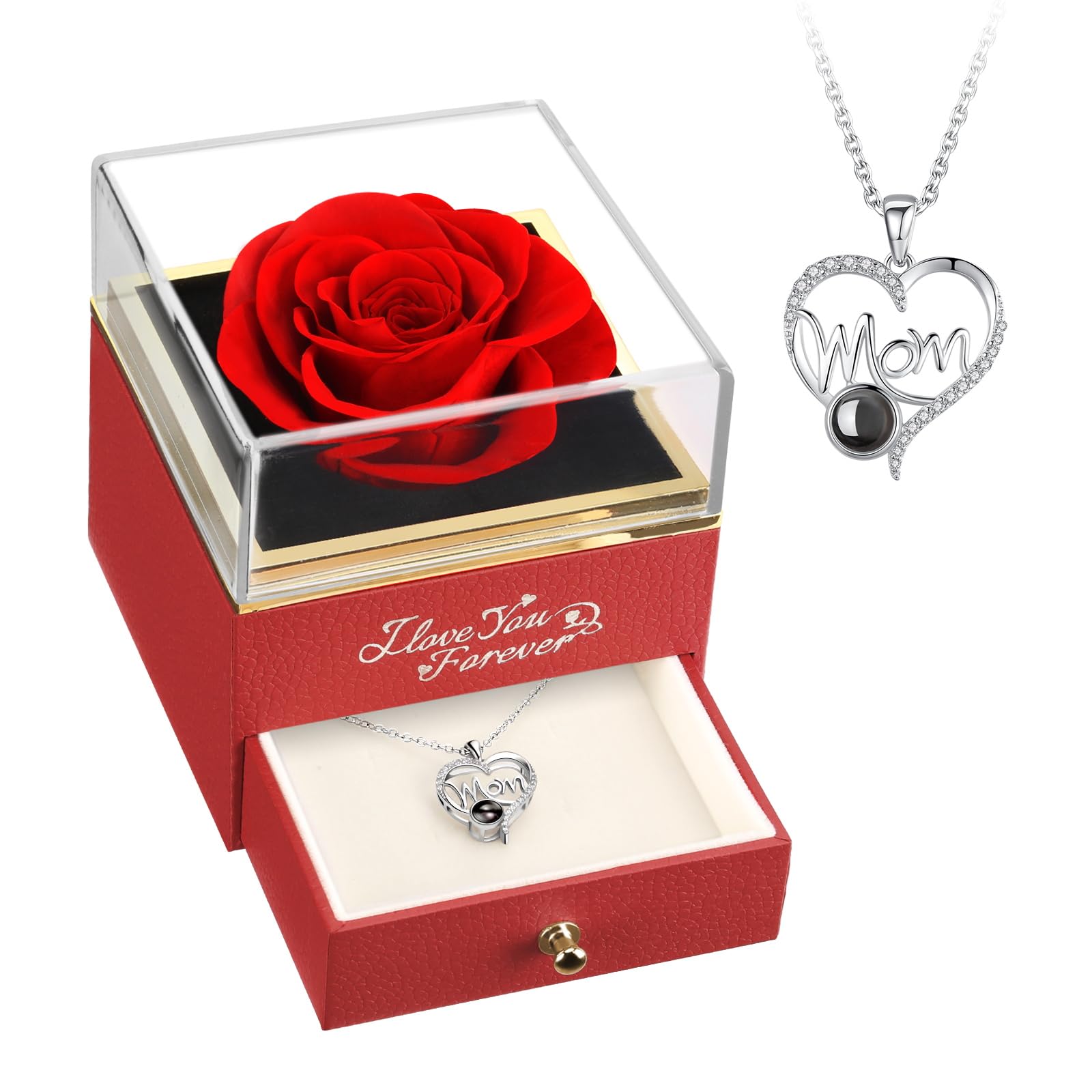 WILDLOVE Mothers Day Gifts for Mom, Preserved Real Red Rose with I Love You Mom Necklace, Forever Flowers Gifts for Mom from Daughter or Son, Kids, Birthday Valentines Day Christmas Mom Gifts Ideas